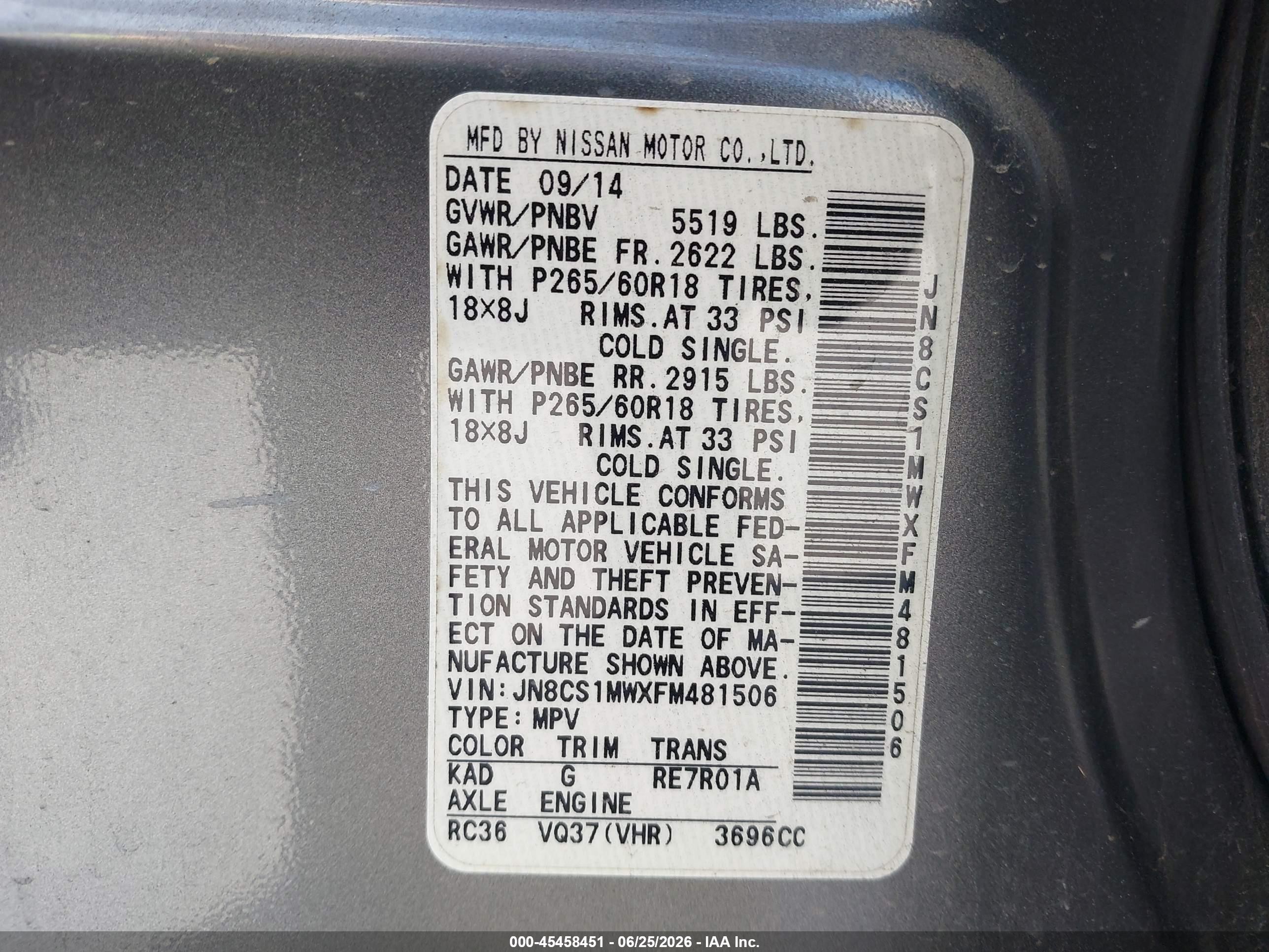 2015 Infiniti Qx70 Pewter vin: JN8CS1MWXFM481506