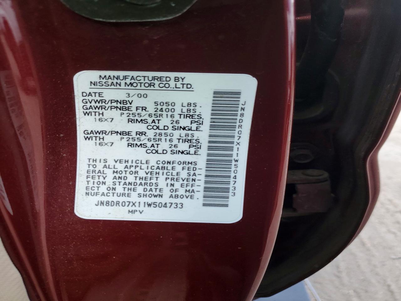 2001 Nissan Pathfinder Se Red vin: JN8DR07X11W504733