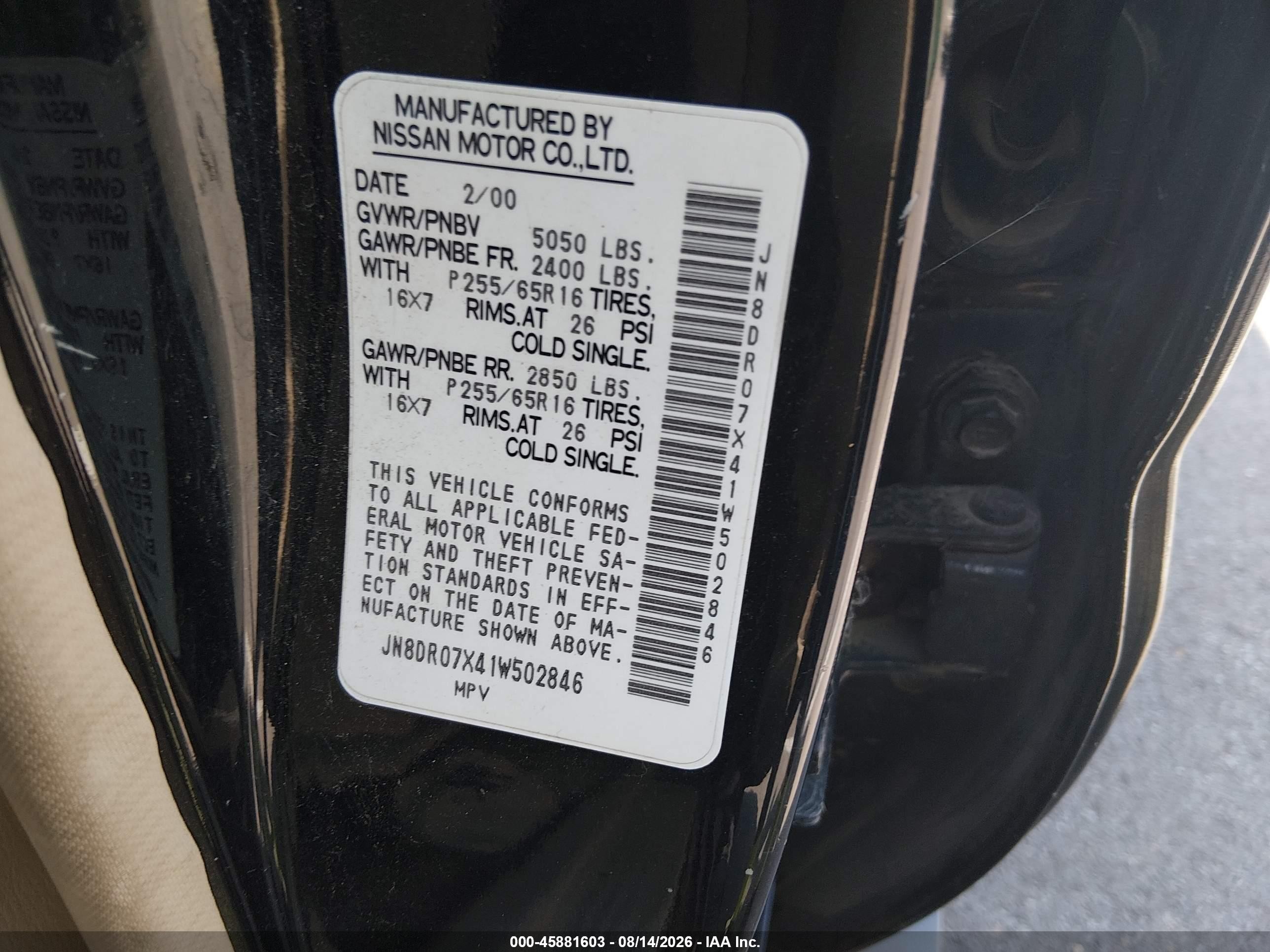 2001 Nissan Pathfinder Se Black vin: JN8DR07X41W502846