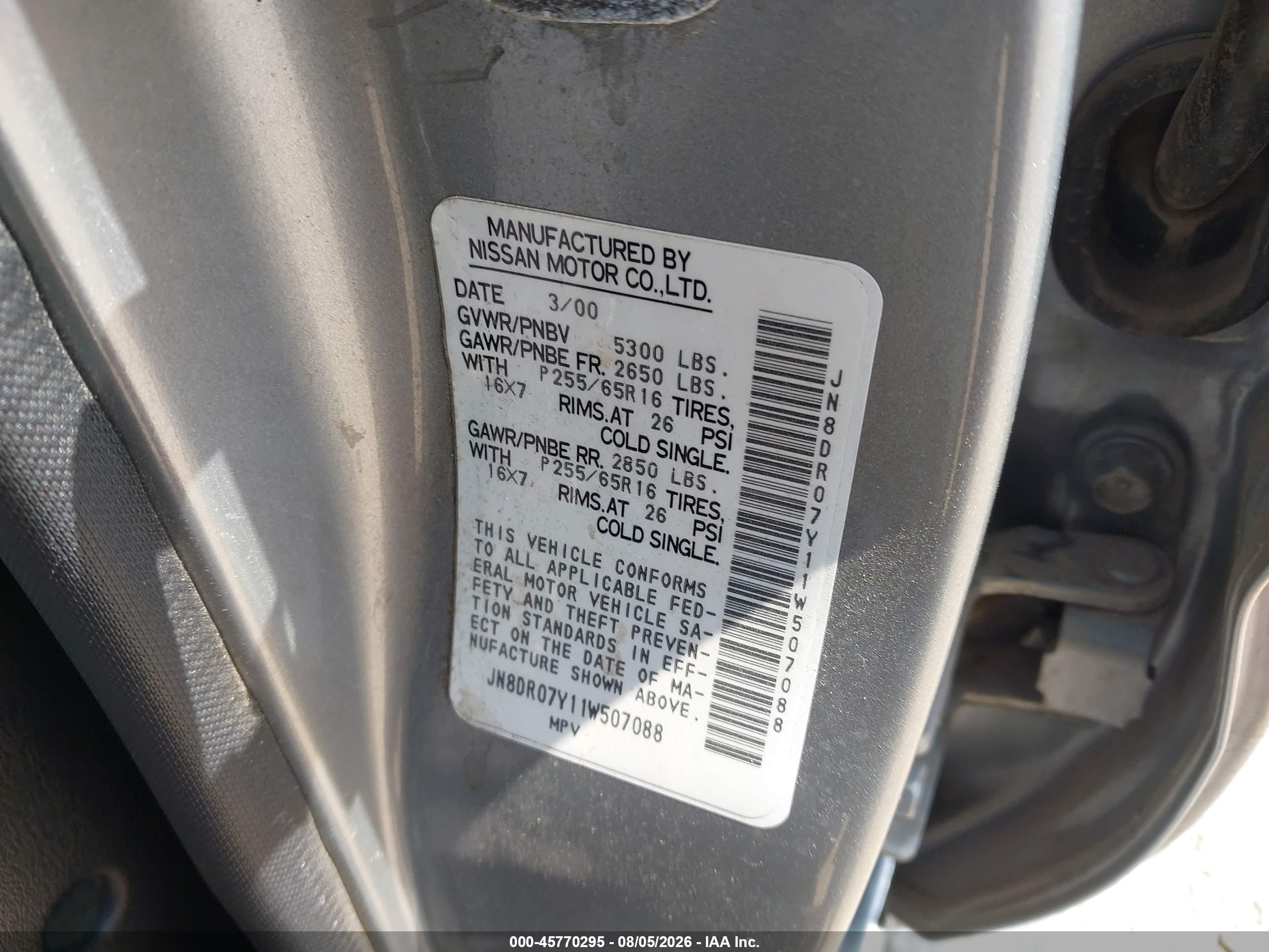 2001 Nissan Pathfinder Se Gray vin: JN8DR07Y11W507088