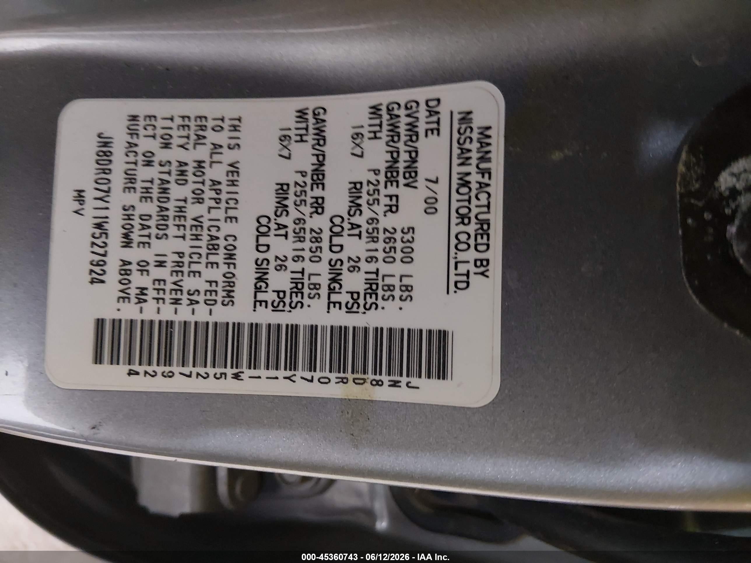 2001 Nissan Pathfinder Le Gray vin: JN8DR07Y11W527924