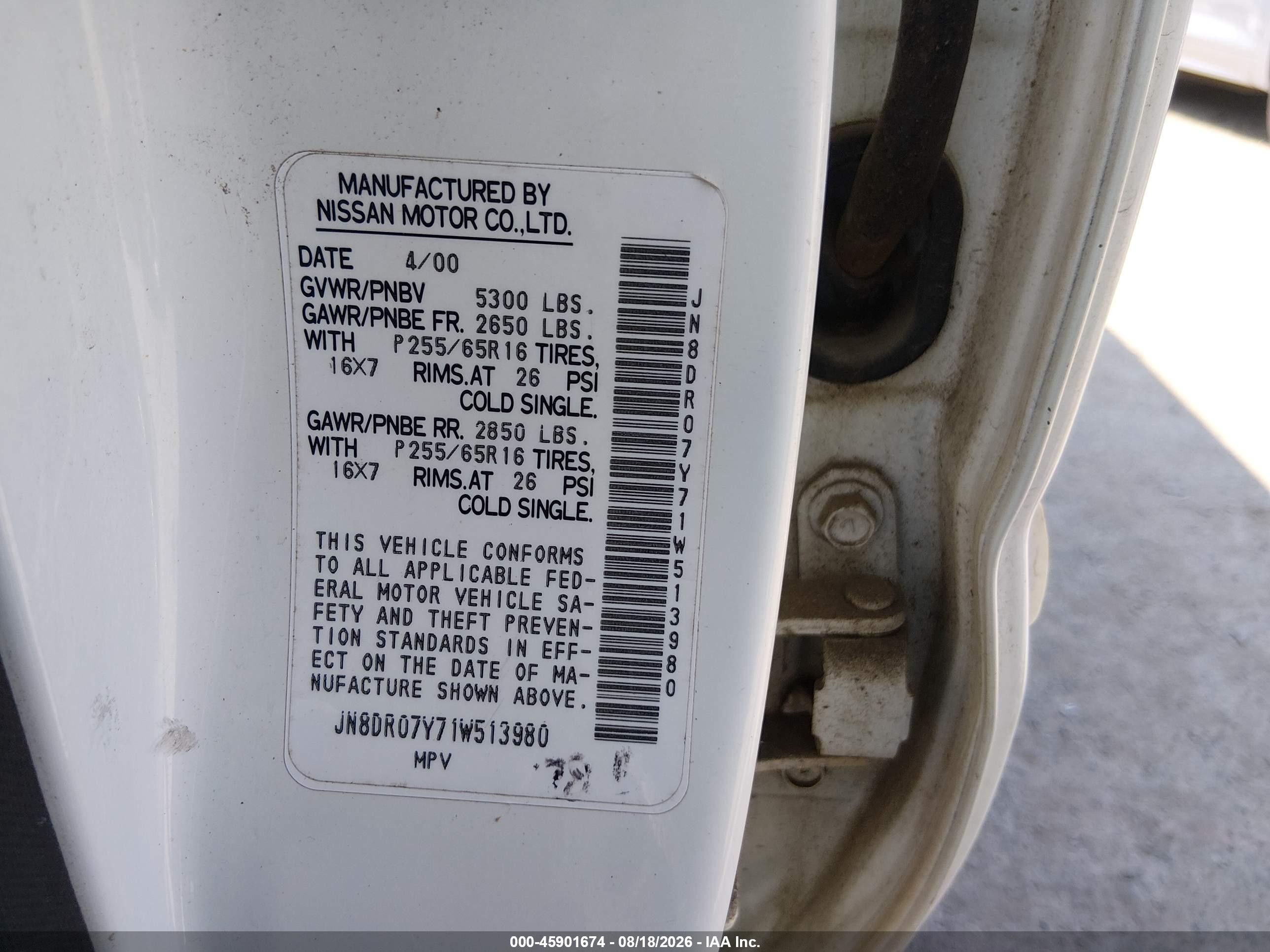 2001 Nissan Pathfinder Se White vin: JN8DR07Y71W513980