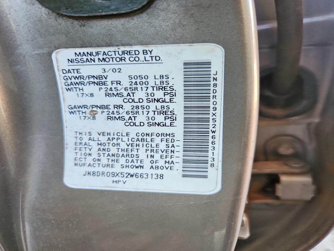 2002 Nissan Pathfinder Se Brown vin: JN8DR09X52W663138