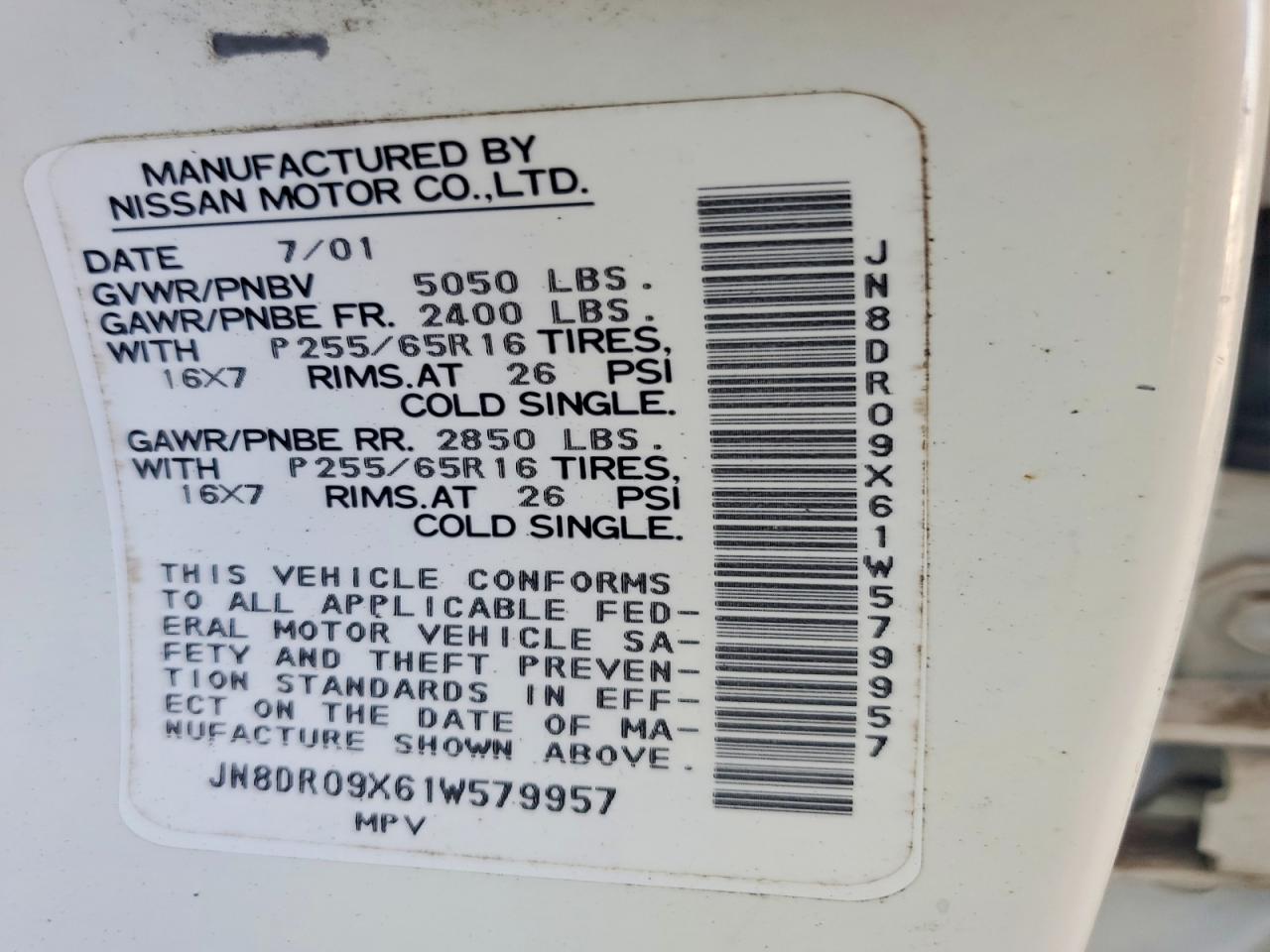 2001 Nissan Pathfinder Se White vin: JN8DR09X61W579957