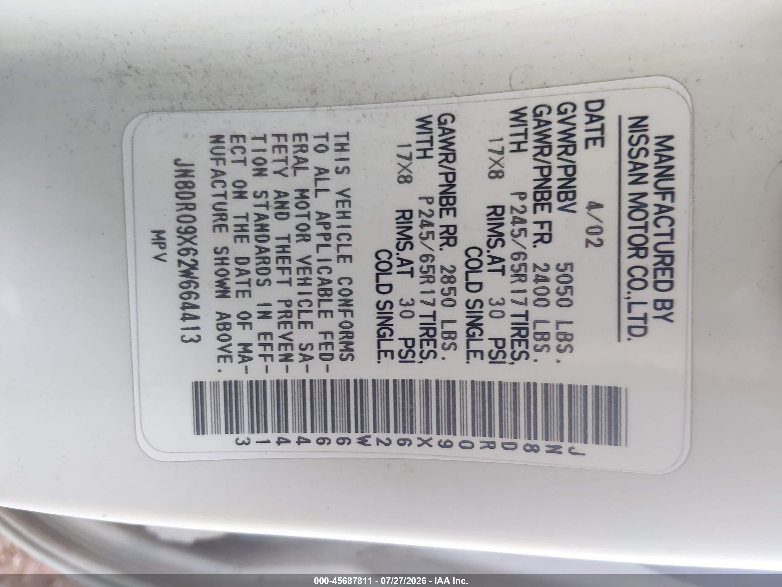 2002 Nissan Pathfinder Le White vin: JN8DR09X62W664413