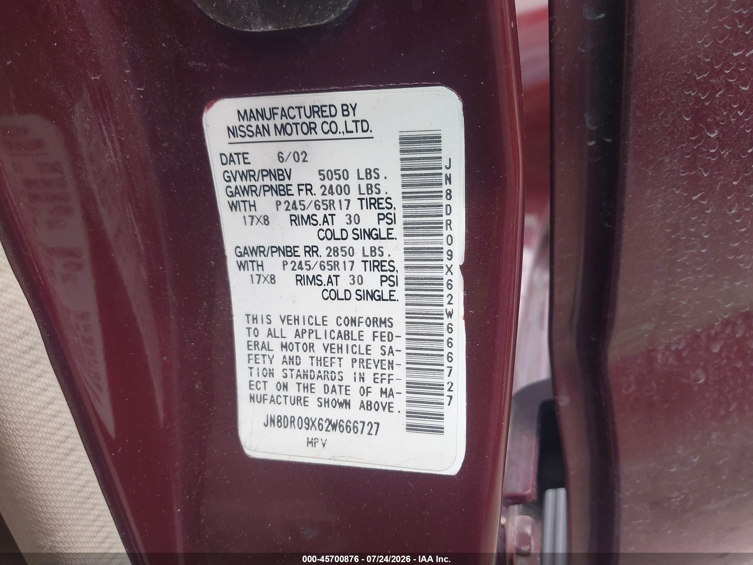 2002 Nissan Pathfinder Le Burgundy vin: JN8DR09X62W666727