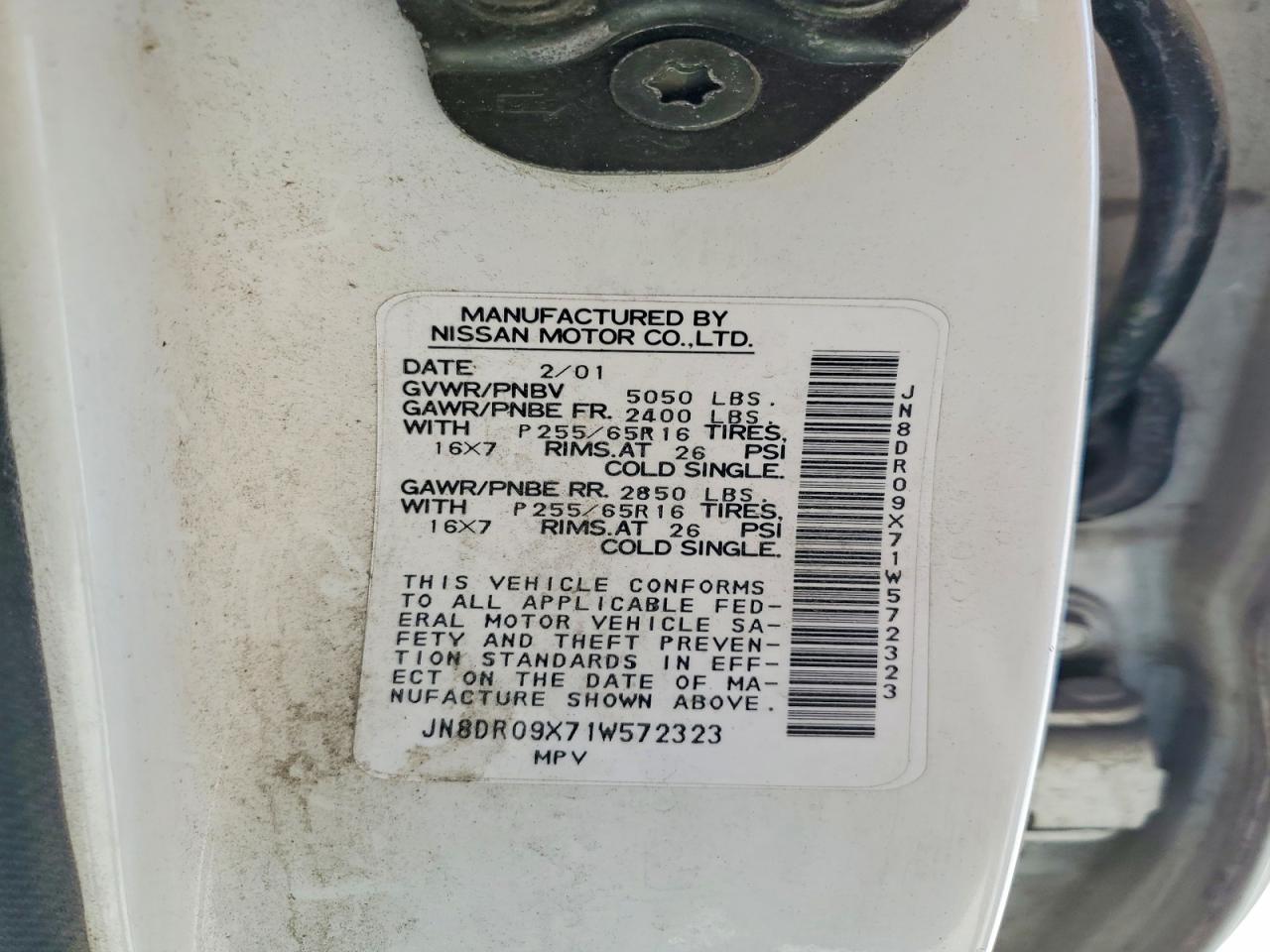 2001 Nissan Pathfinder Se Белый vin: JN8DR09X71W572323