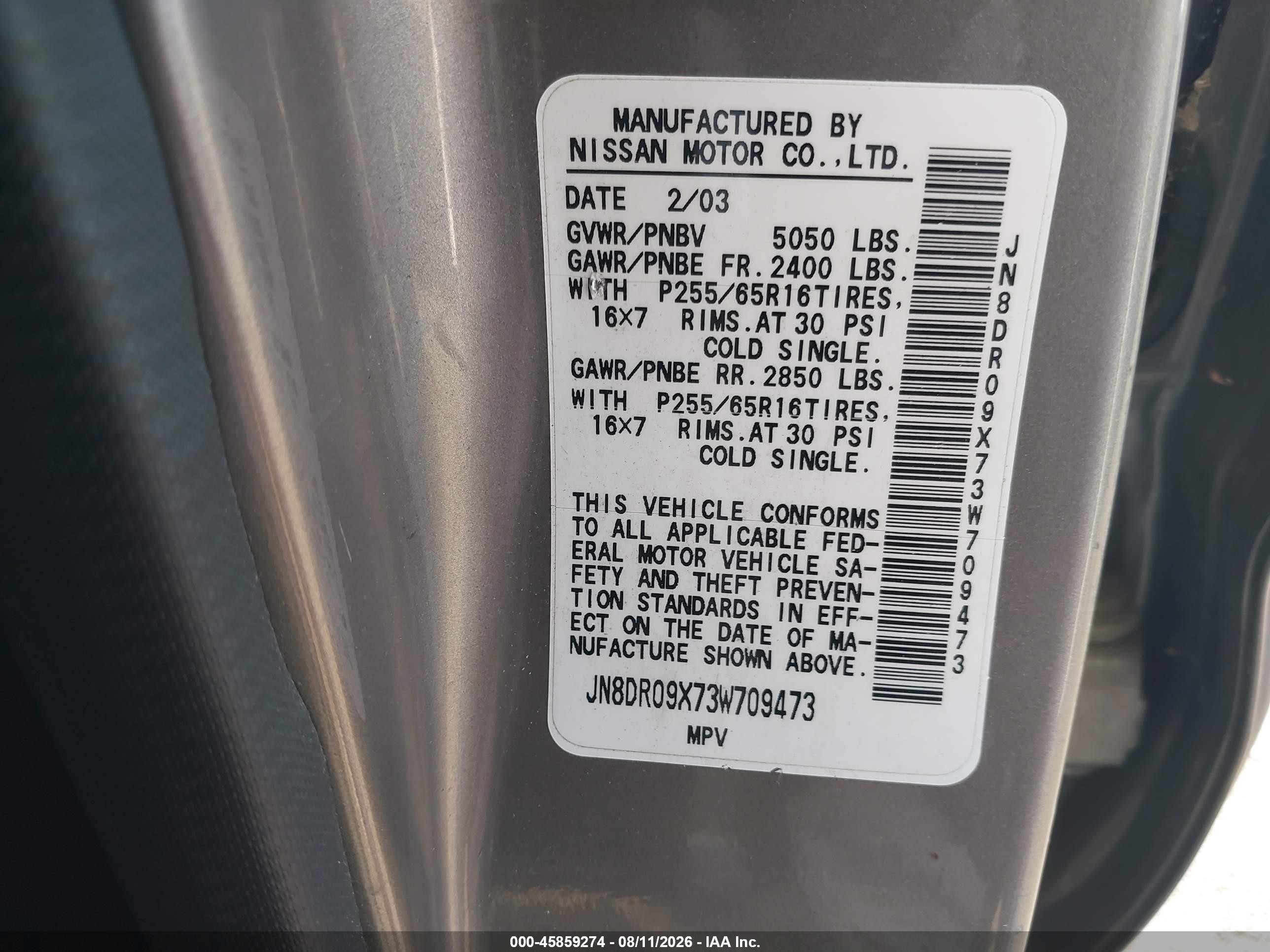 2003 Nissan Pathfinder Se Gray vin: JN8DR09X73W709473