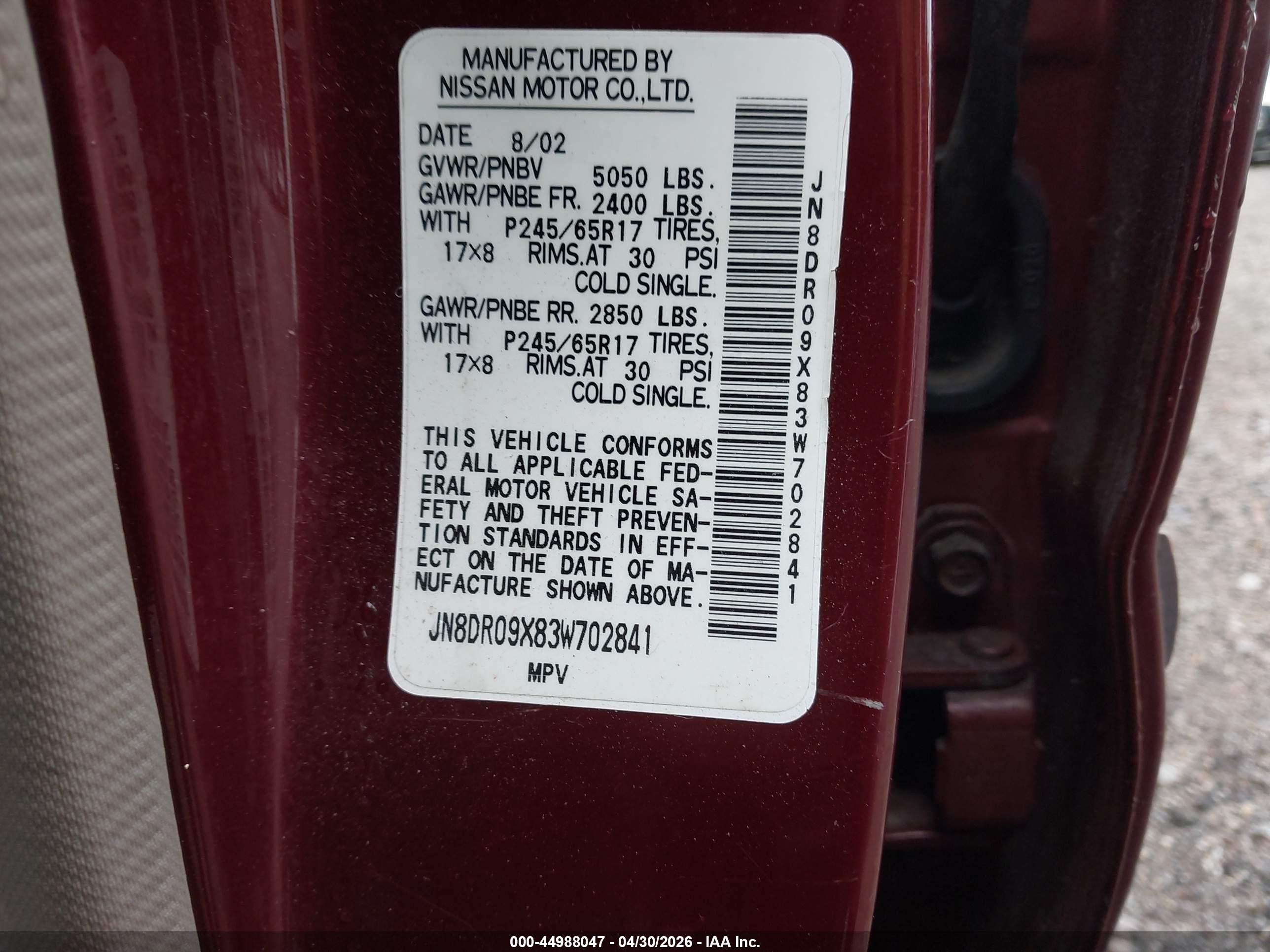2003 Nissan Pathfinder Le Burgundy vin: JN8DR09X83W702841