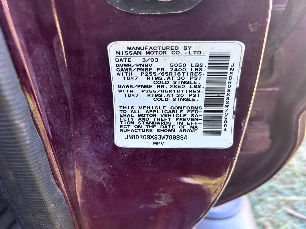 2003 Nissan Pathfinder Se Maroon vin: JN8DR09X93W709894