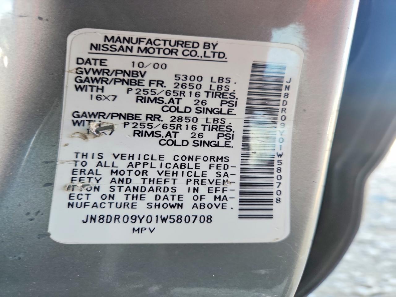 2001 Nissan Pathfinder Se Silver vin: JN8DR09Y01W580708