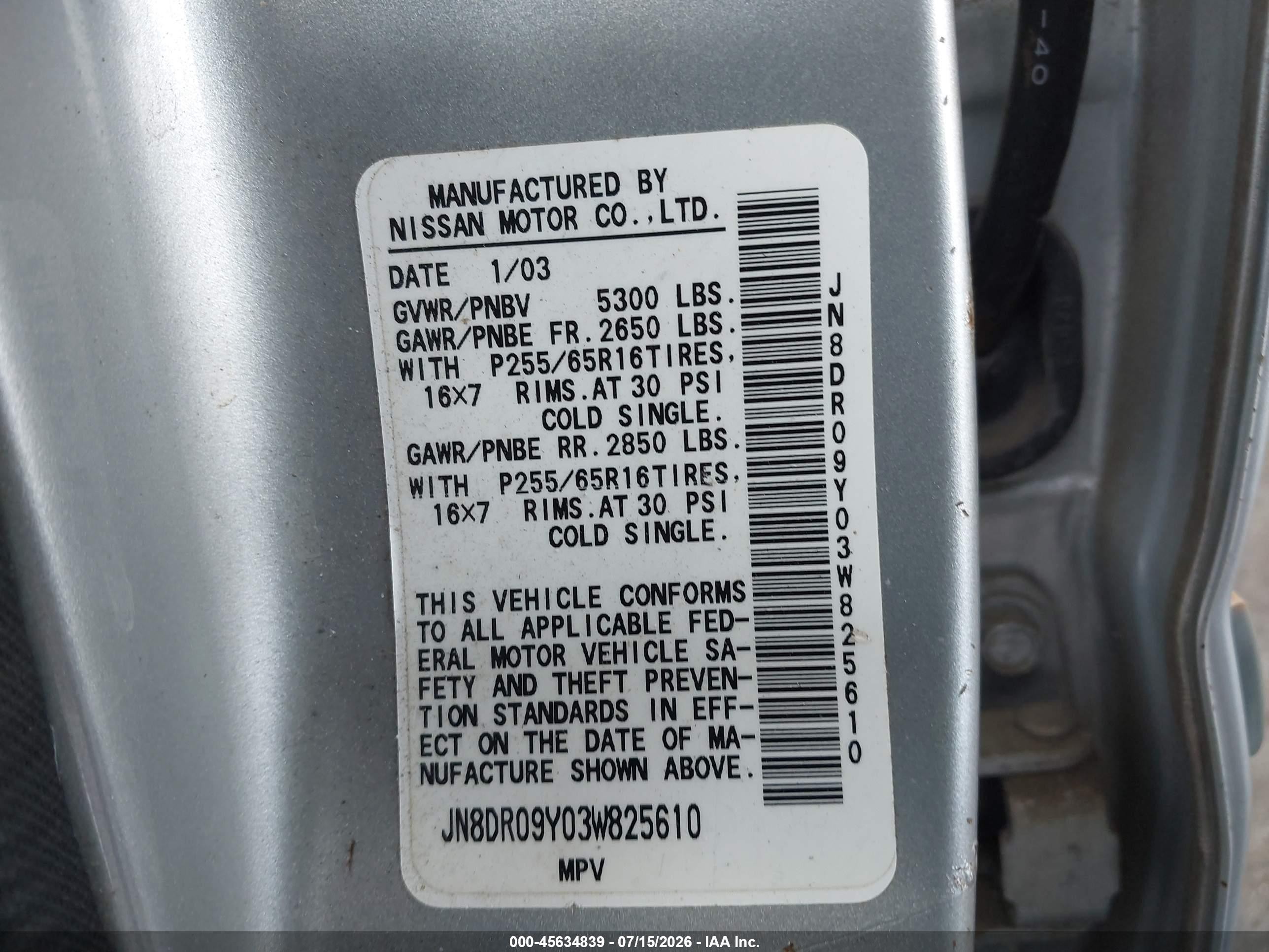 2003 Nissan Pathfinder Se Silver vin: JN8DR09Y03W825610