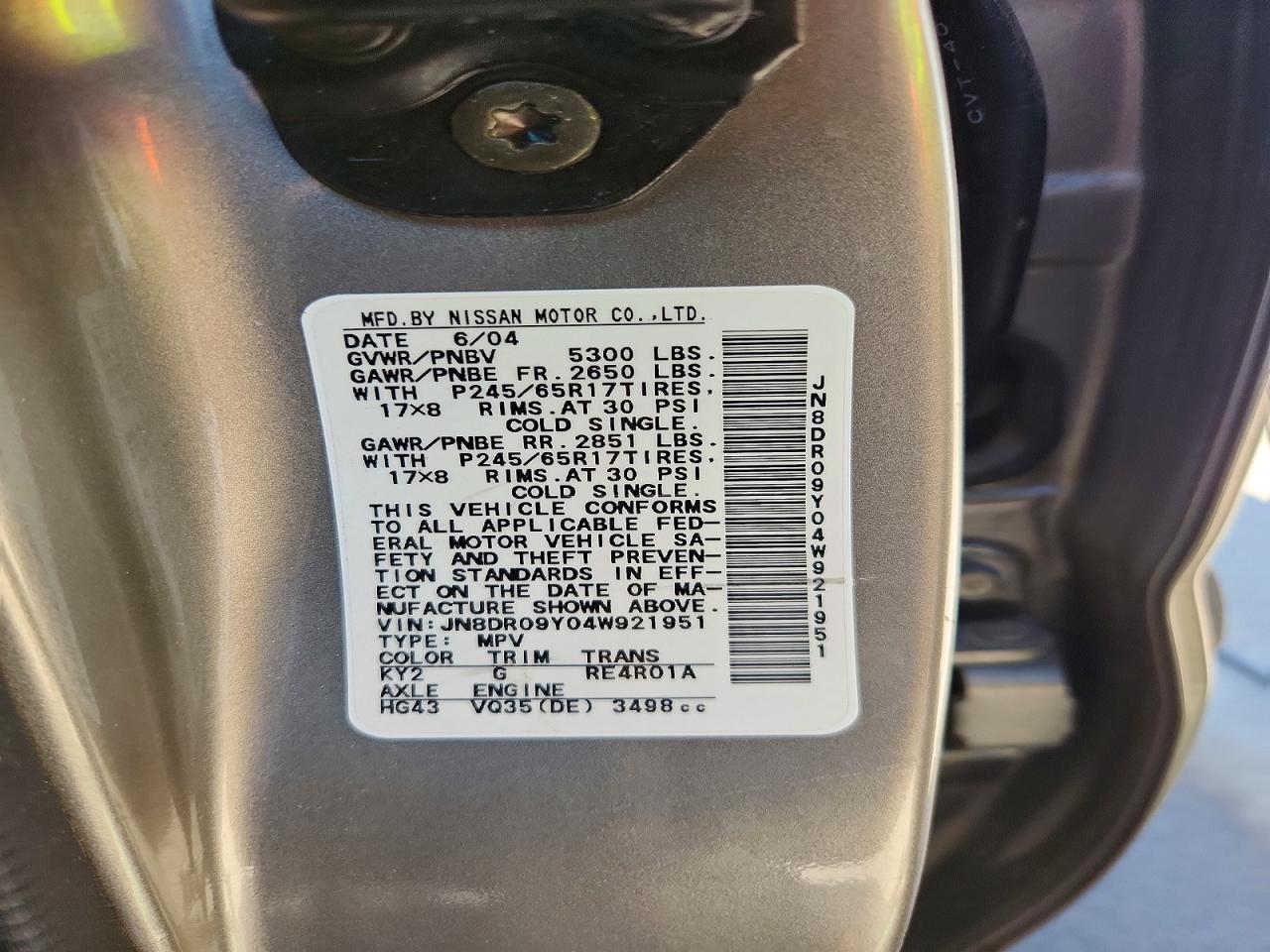2004 Nissan Pathfinder Se Золотой vin: JN8DR09Y04W921951