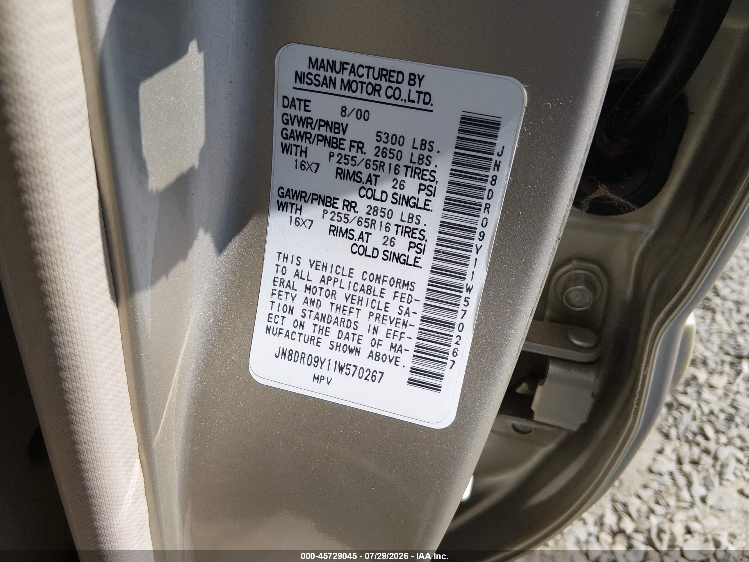 2001 Nissan Pathfinder Se Gold vin: JN8DR09Y11W570267