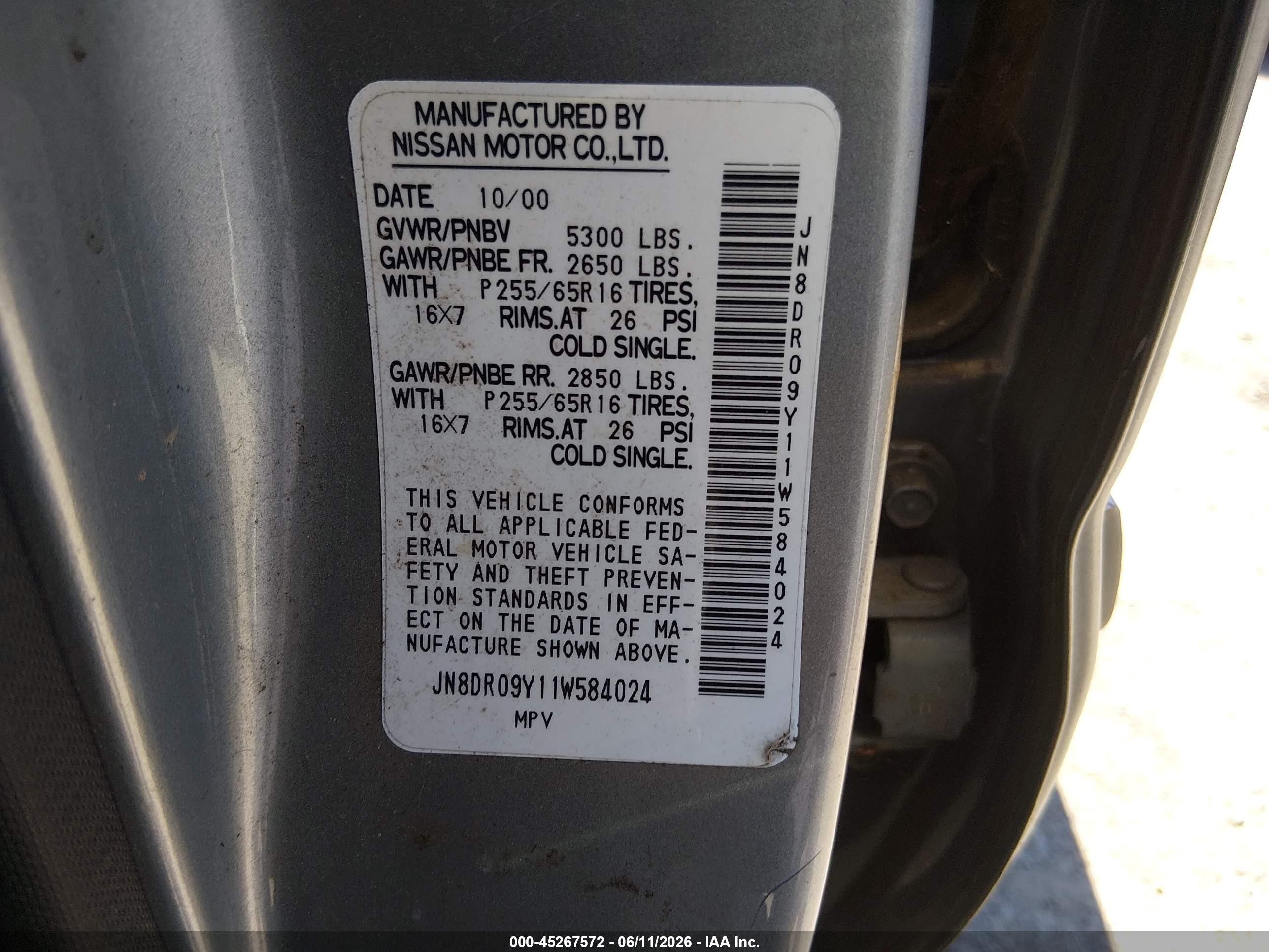 2001 Nissan Pathfinder Se Blue vin: JN8DR09Y11W584024