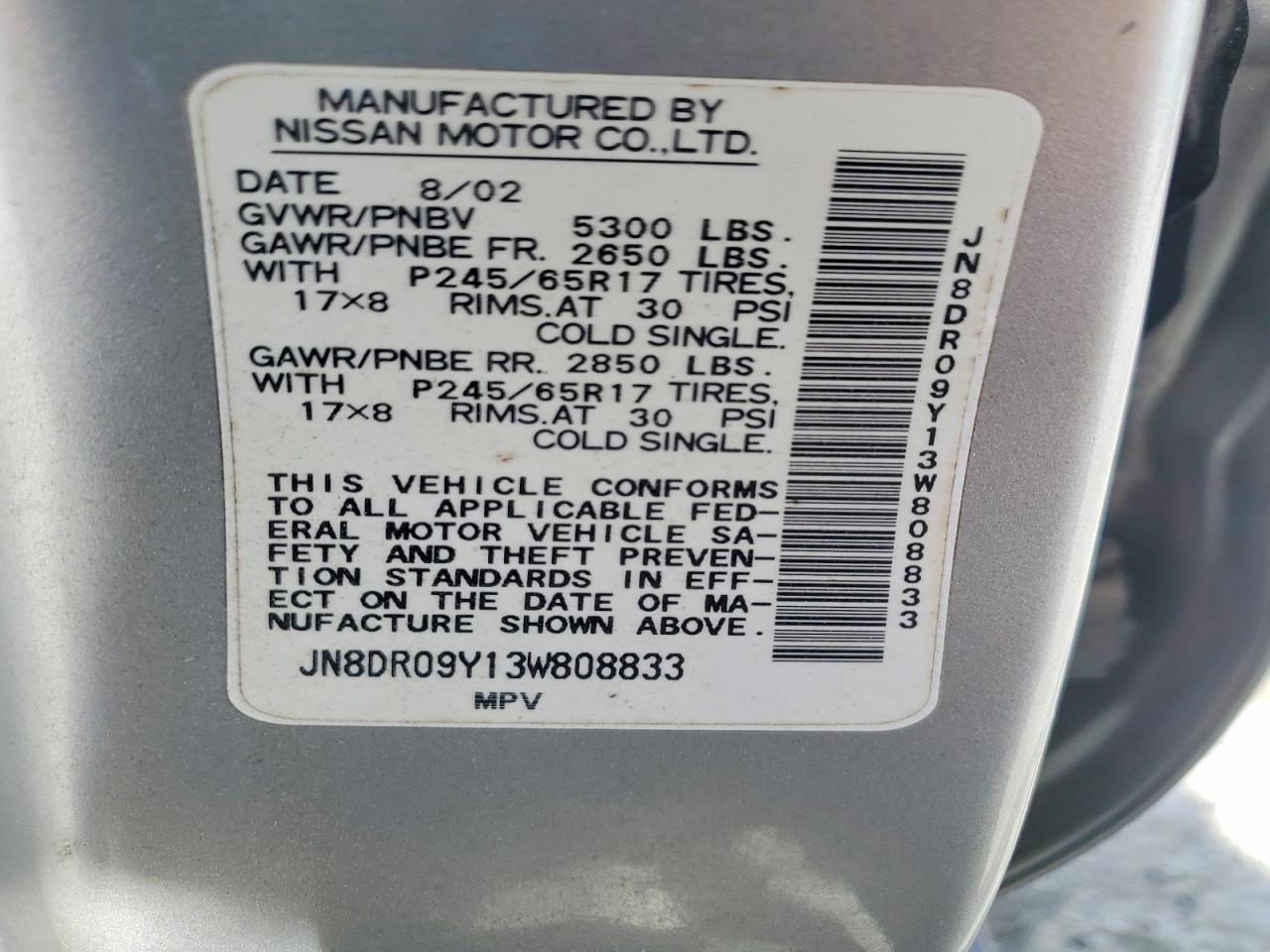 2003 Nissan Pathfinder Se Silver vin: JN8DR09Y13W808833