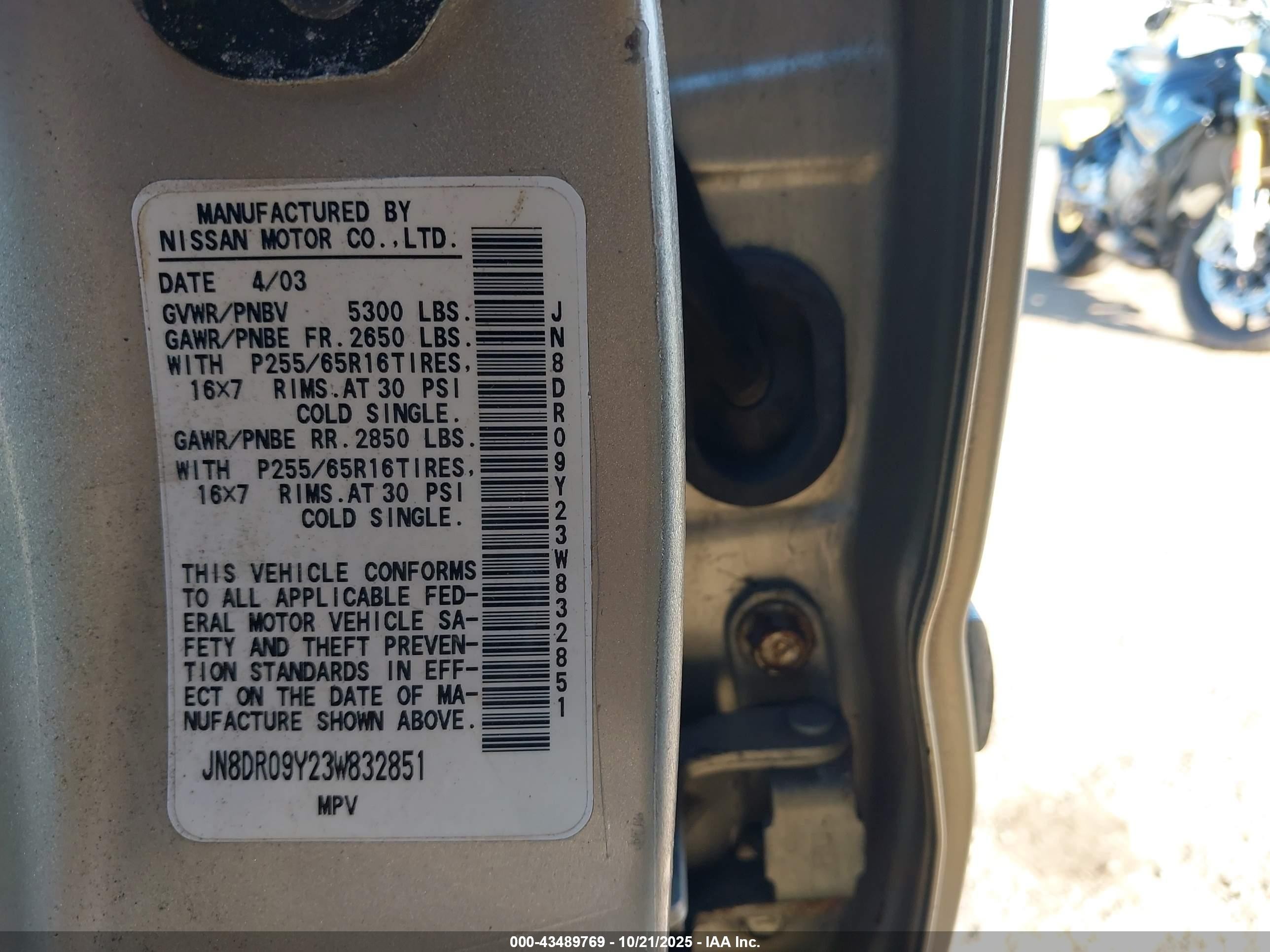 2003 Nissan Pathfinder Se Tan vin: JN8DR09Y23W832851