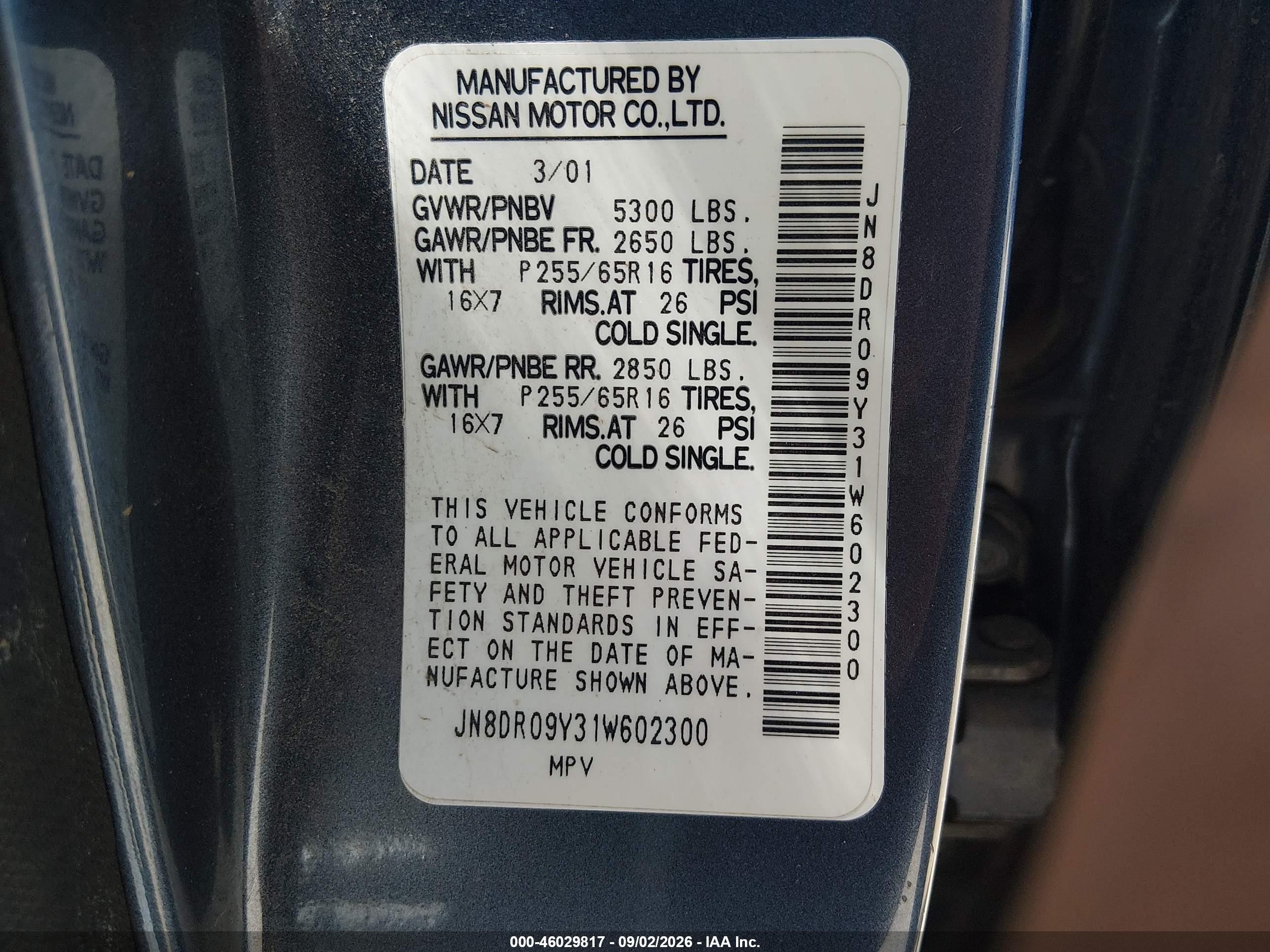 2001 Nissan Pathfinder Se Gray vin: JN8DR09Y31W602300