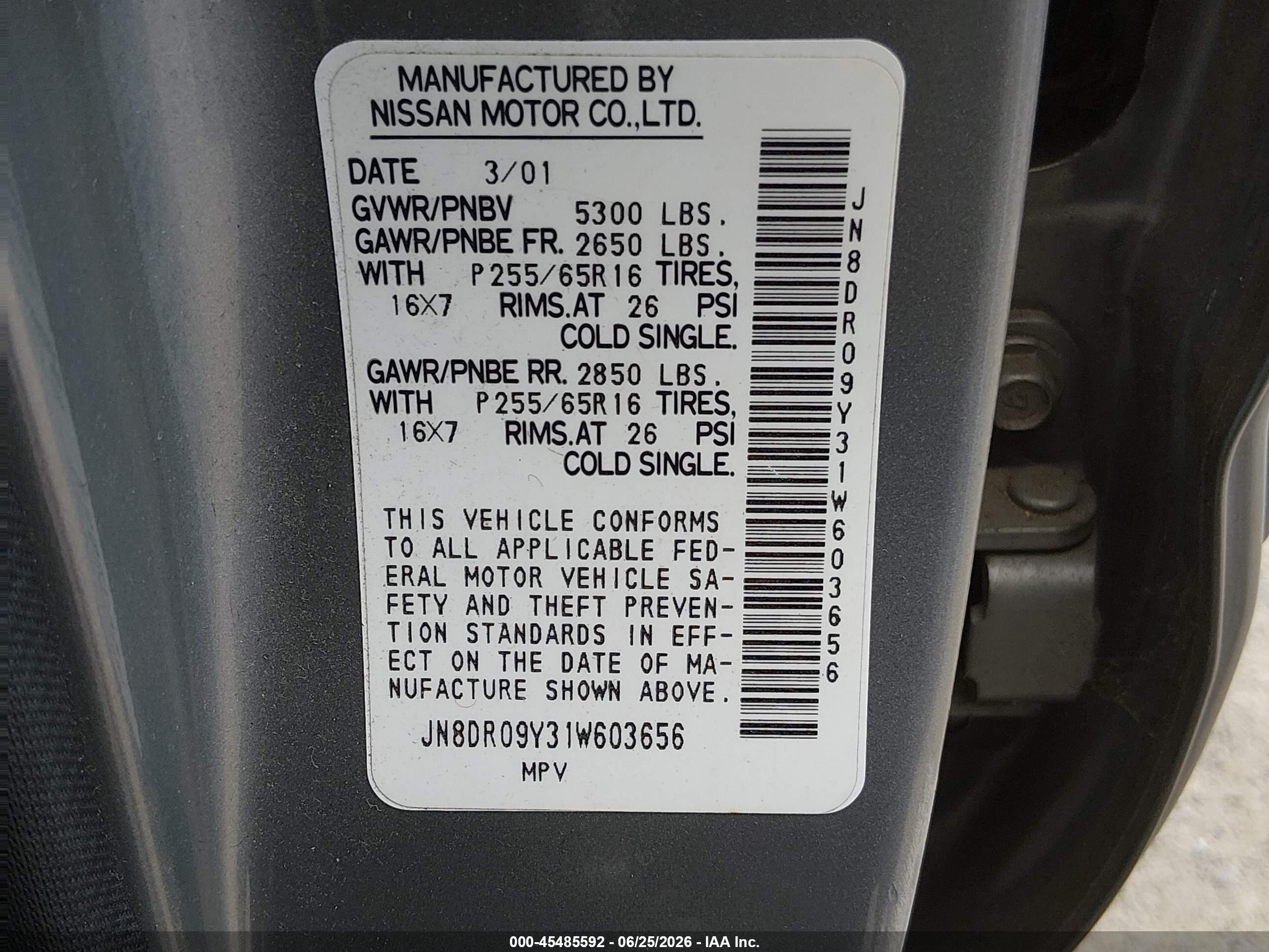 2001 Nissan Pathfinder Se Silver vin: JN8DR09Y31W603656