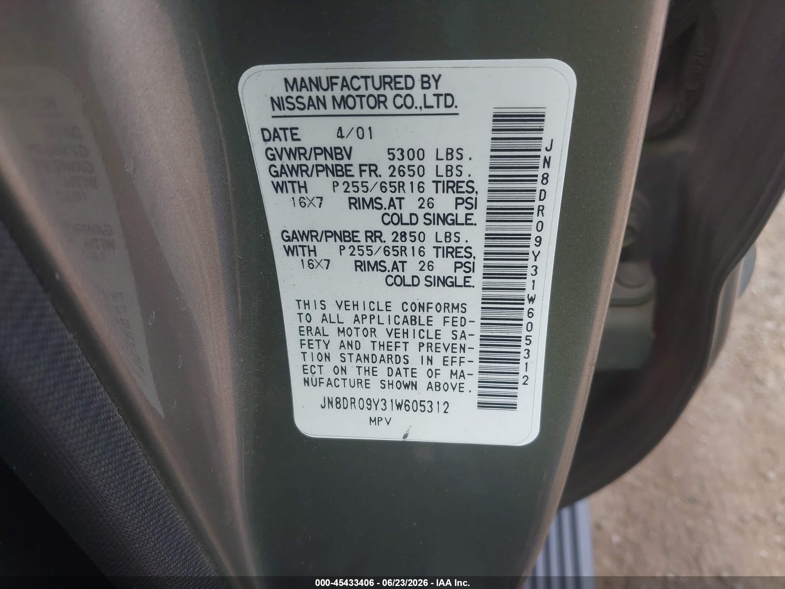 2001 Nissan Pathfinder Le Beige vin: JN8DR09Y31W605312