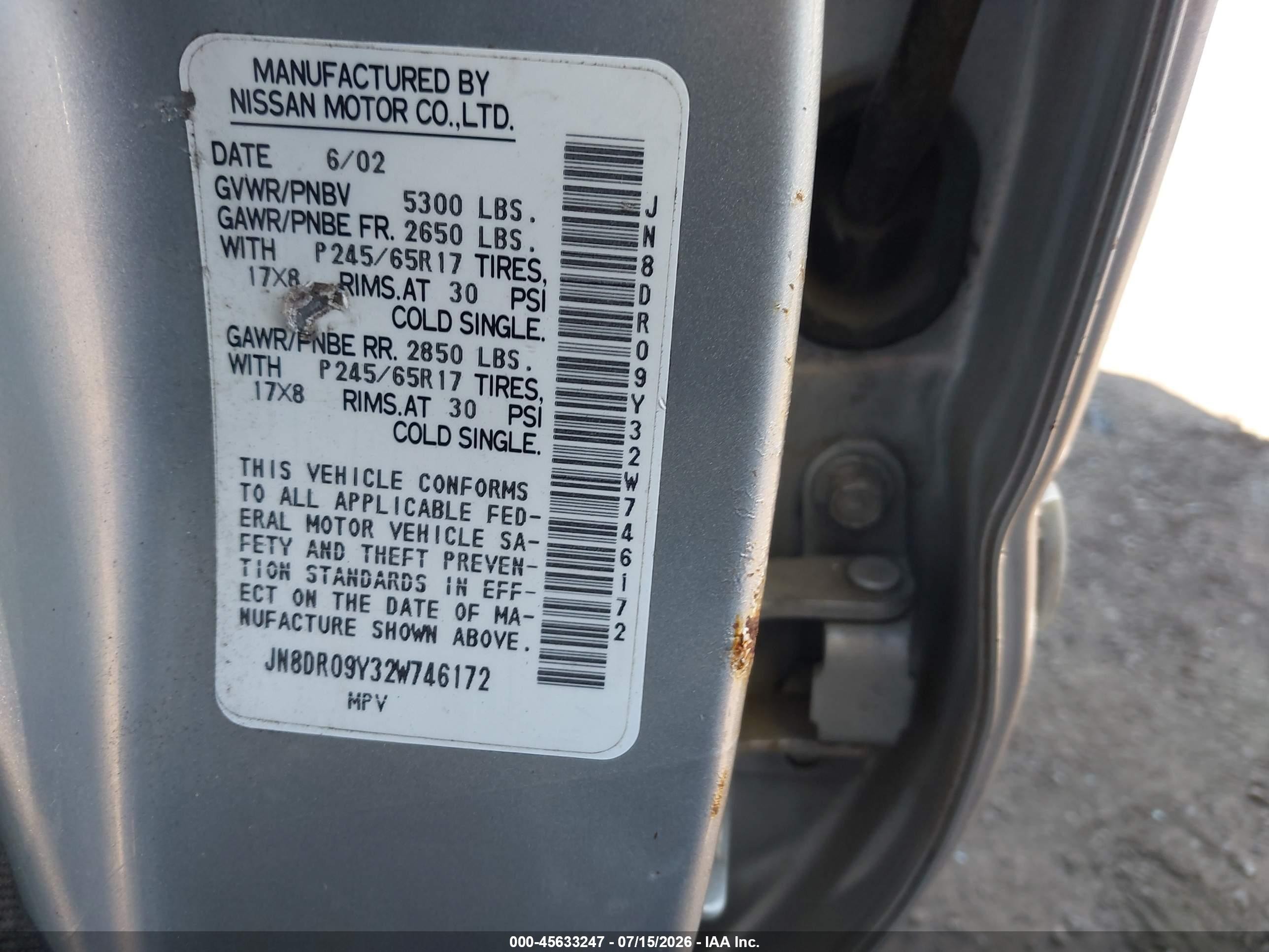 2002 Nissan Pathfinder Le Silver vin: JN8DR09Y32W746172