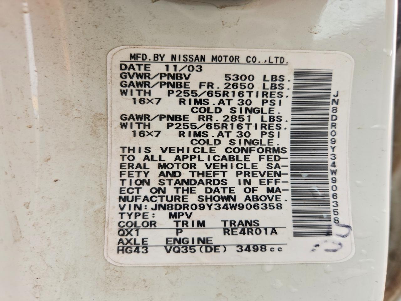 2004 Nissan Pathfinder Se White vin: JN8DR09Y34W906358