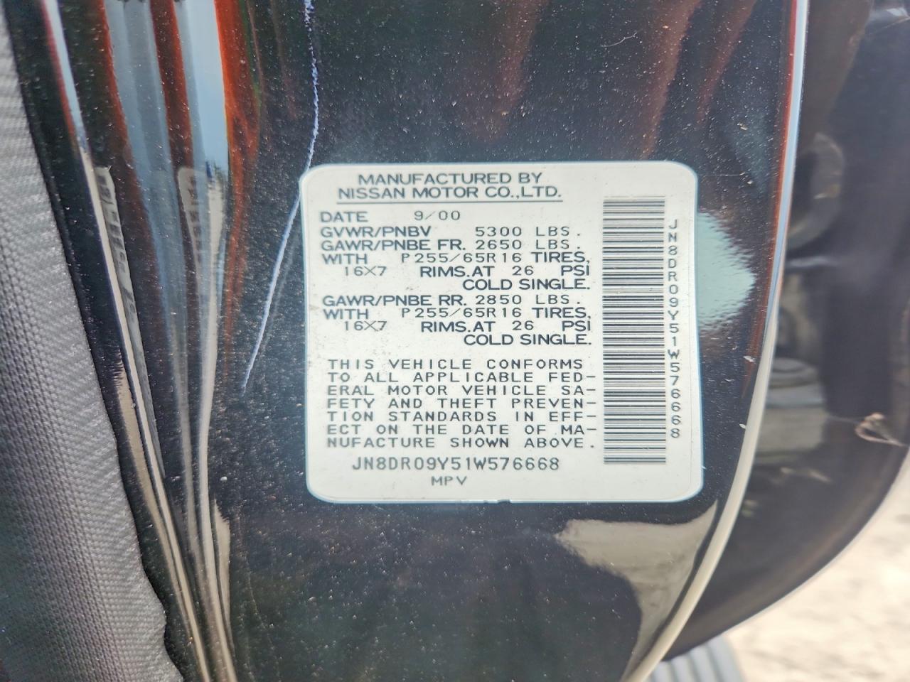2001 Nissan Pathfinder Le/se/xe Black vin: JN8DR09Y51W576668