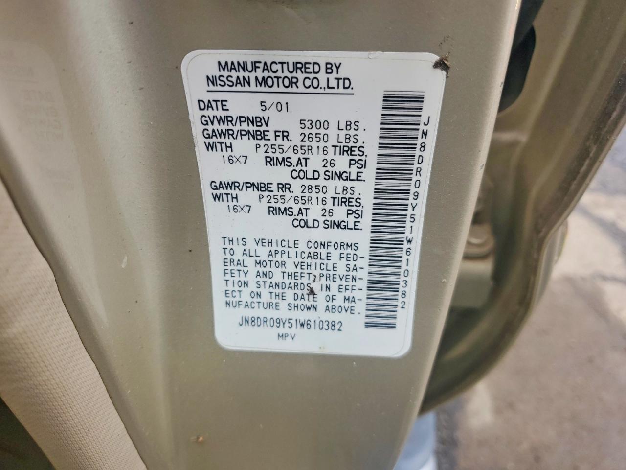 2001 Nissan Pathfinder Se Gold vin: JN8DR09Y51W610382