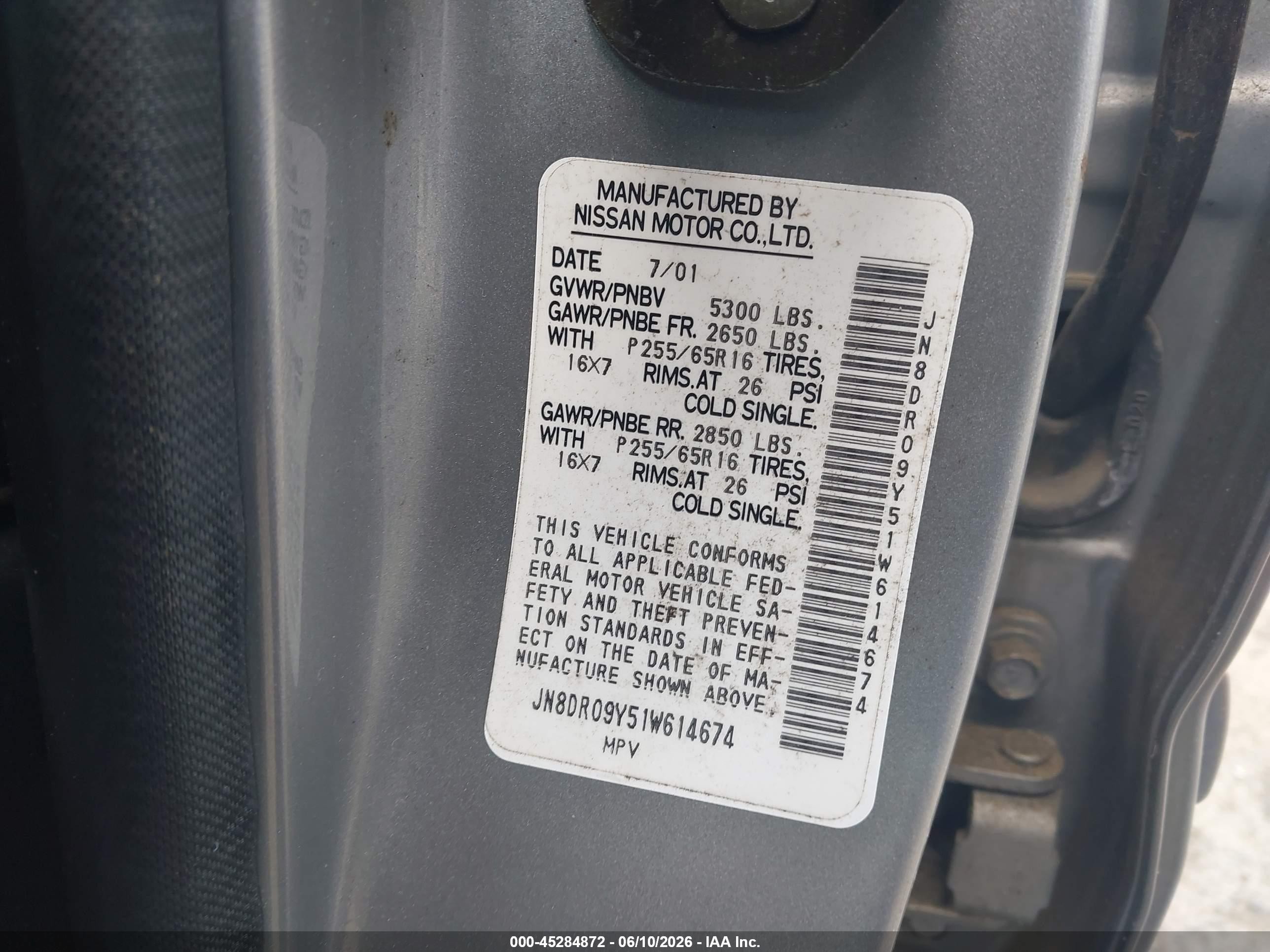 2001 Nissan Pathfinder Le Silver vin: JN8DR09Y51W614674