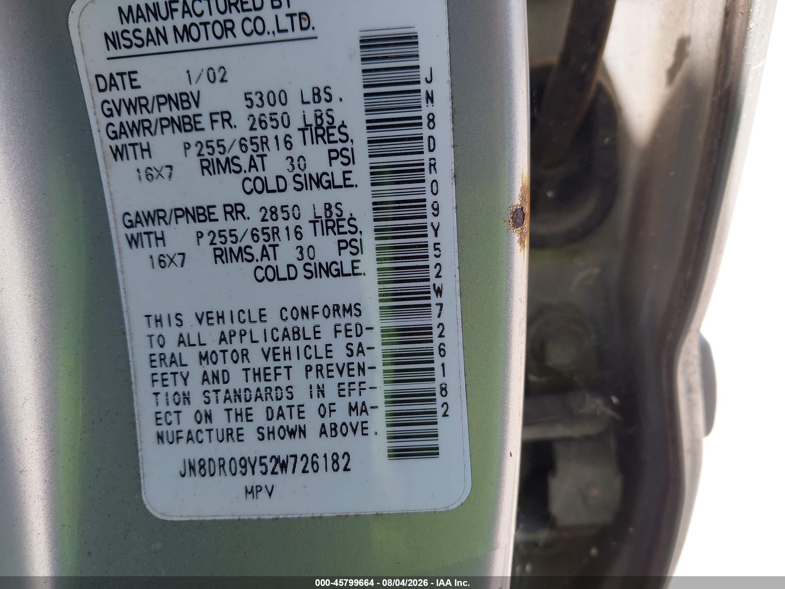 2002 Nissan Pathfinder Se Silver vin: JN8DR09Y52W726182