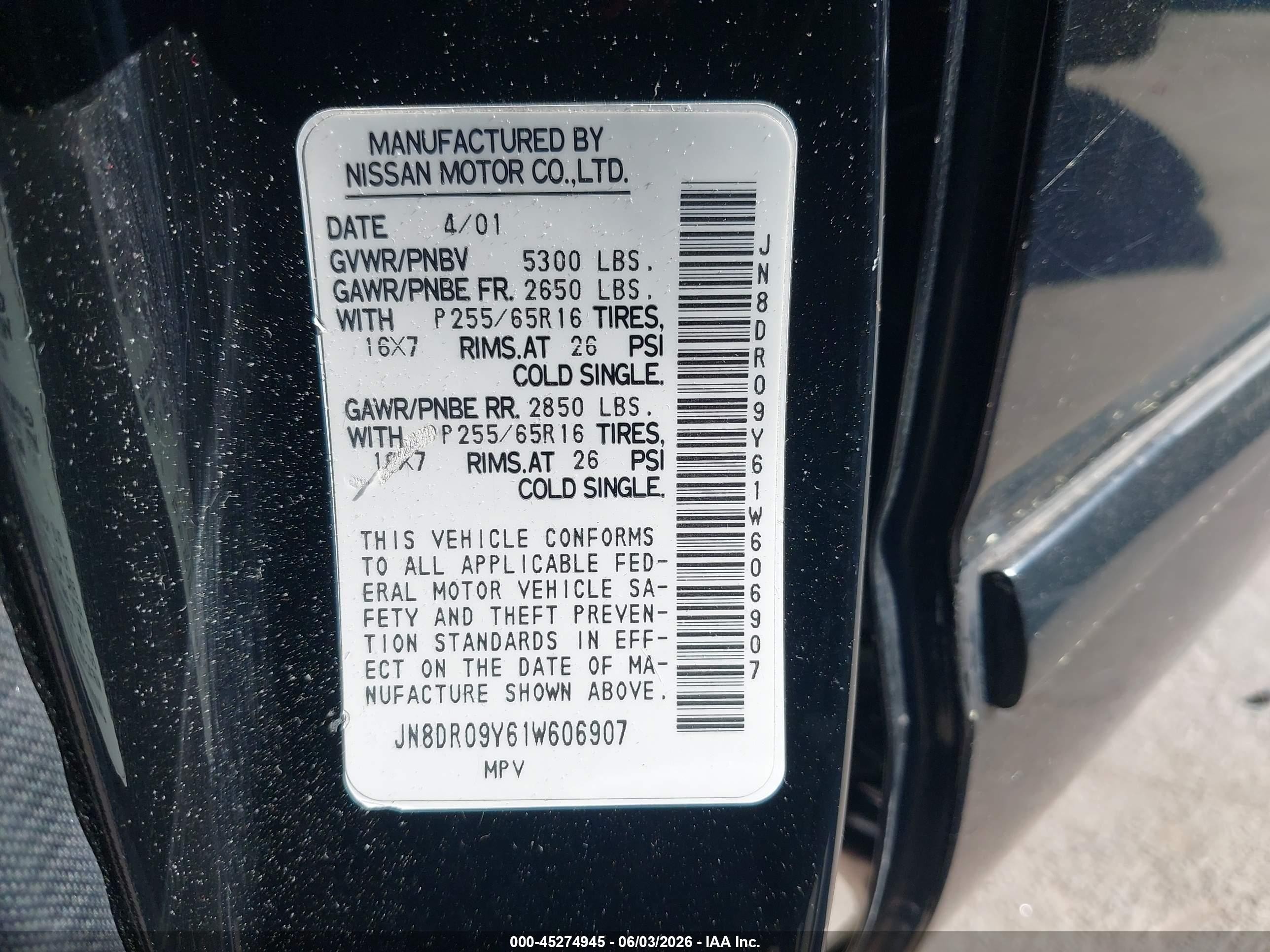 2001 Nissan Pathfinder Se Черный vin: JN8DR09Y61W606907