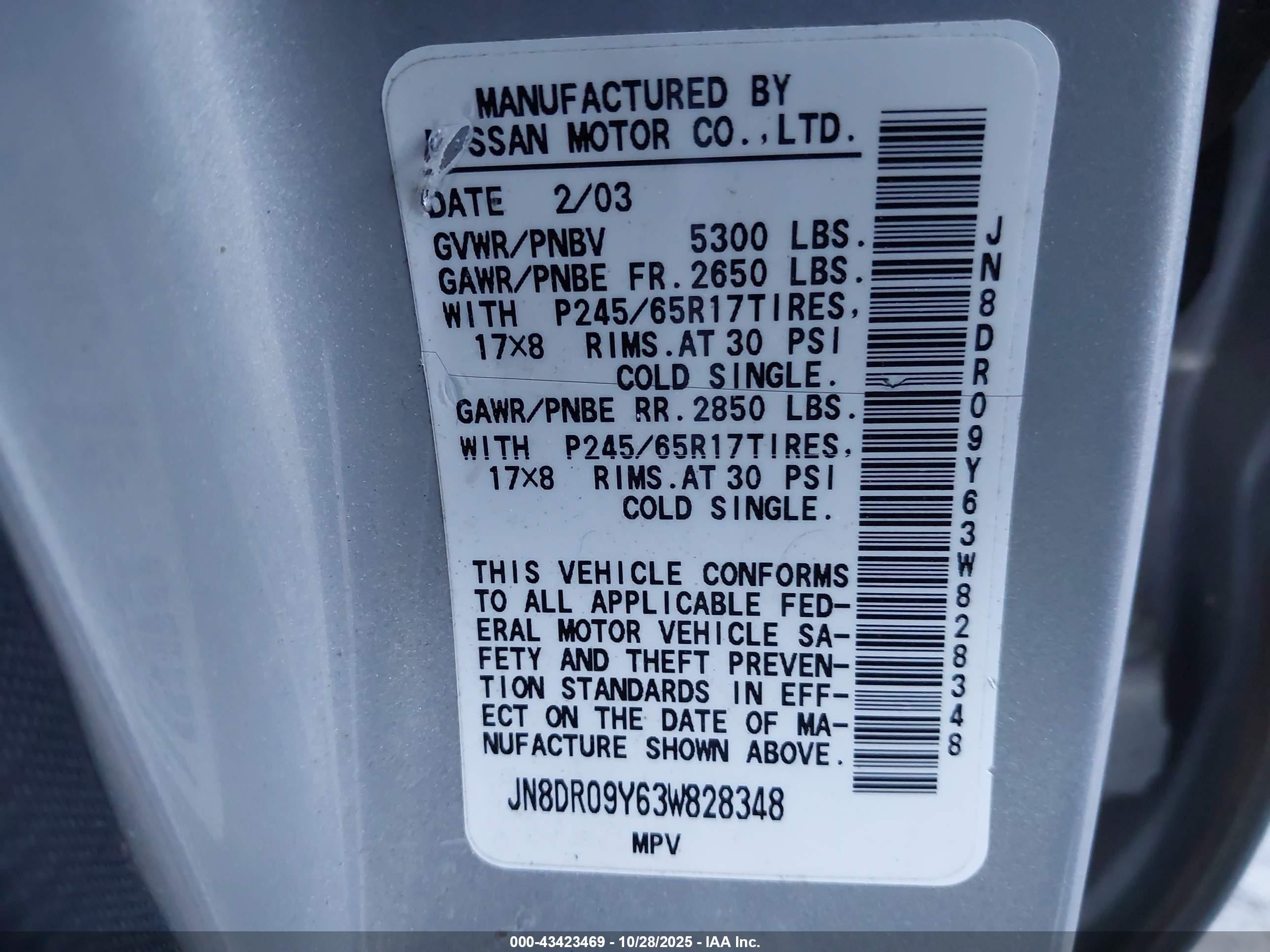 2003 Nissan Pathfinder Le Silver vin: JN8DR09Y63W828348
