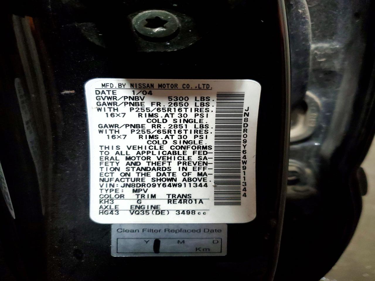 2004 Nissan Pathfinder Se Black vin: JN8DR09Y64W911344
