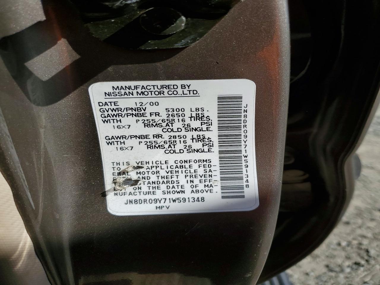 2001 Nissan Pathfinder Se Tan vin: JN8DR09Y71W591348