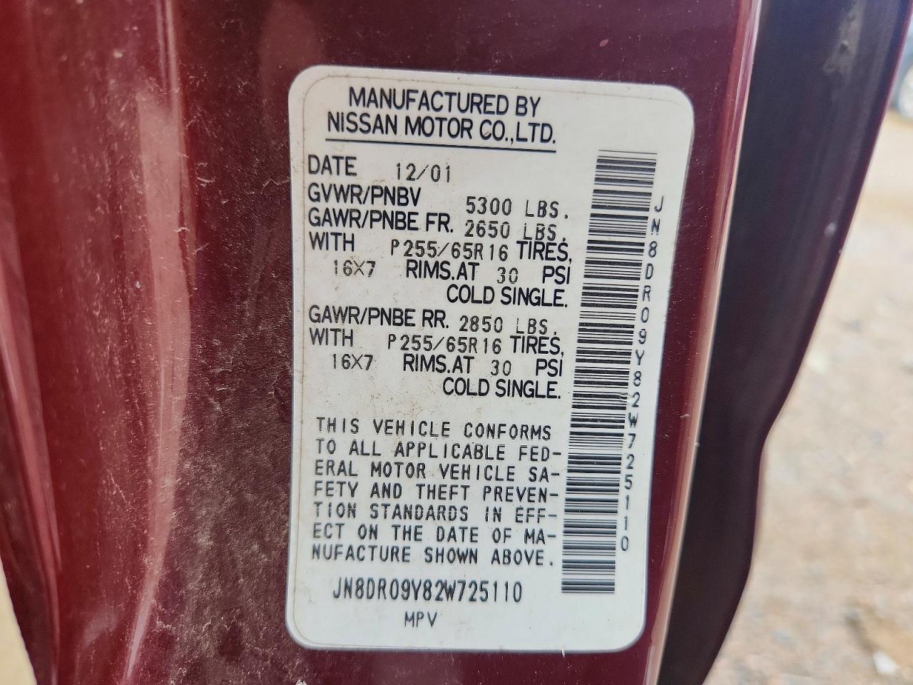 2002 Nissan Pathfinder Se Burgundy vin: JN8DR09Y82W725110