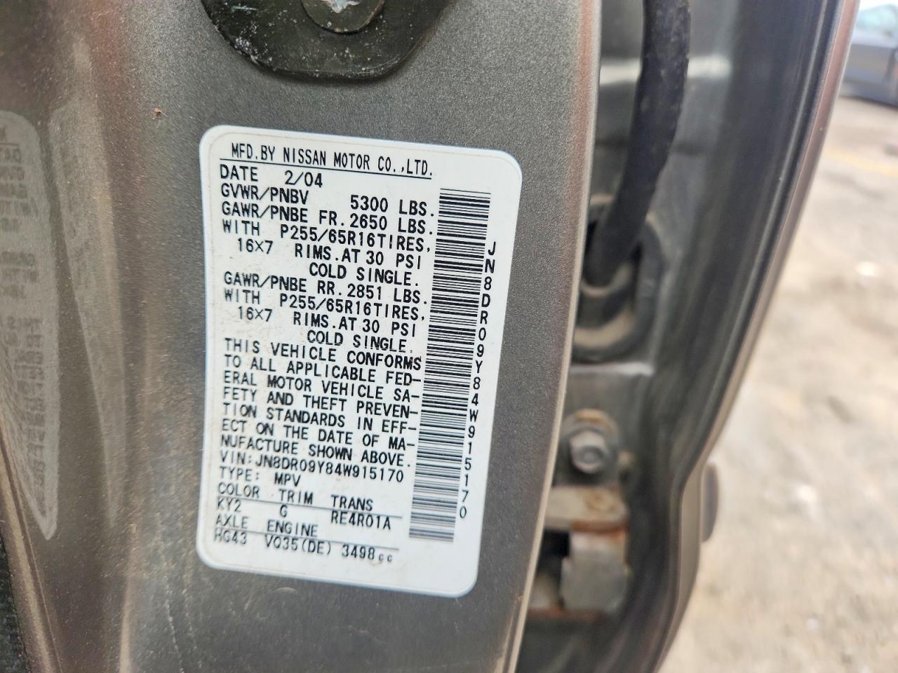 2004 Nissan Pathfinder Se Silver vin: JN8DR09Y84W915170