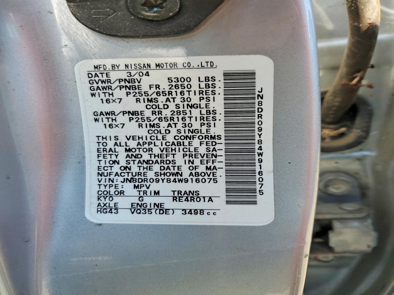 2004 Nissan Pathfinder Se Silver vin: JN8DR09Y84W916075