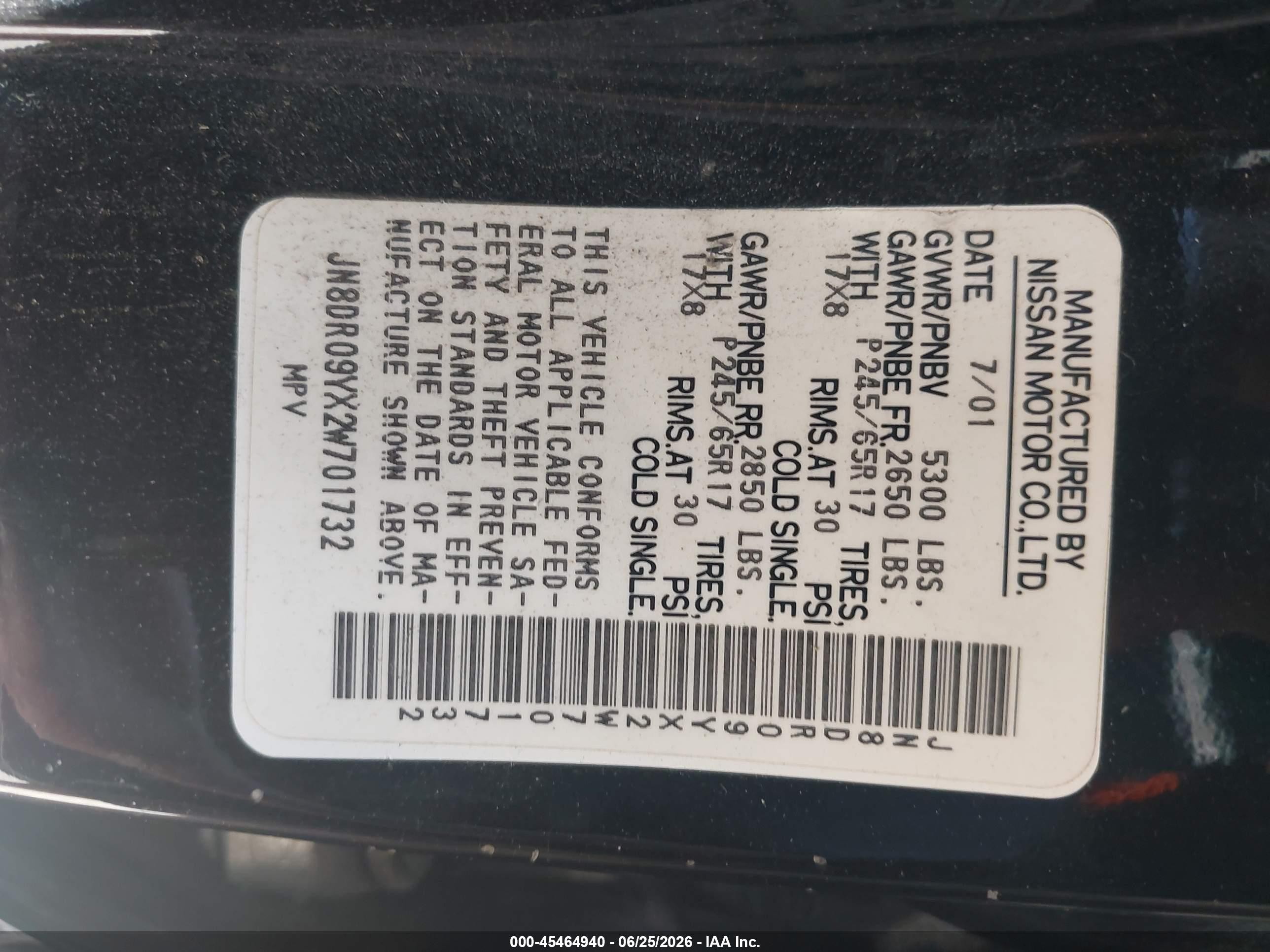 2002 Nissan Pathfinder Le Black vin: JN8DR09YX2W701732