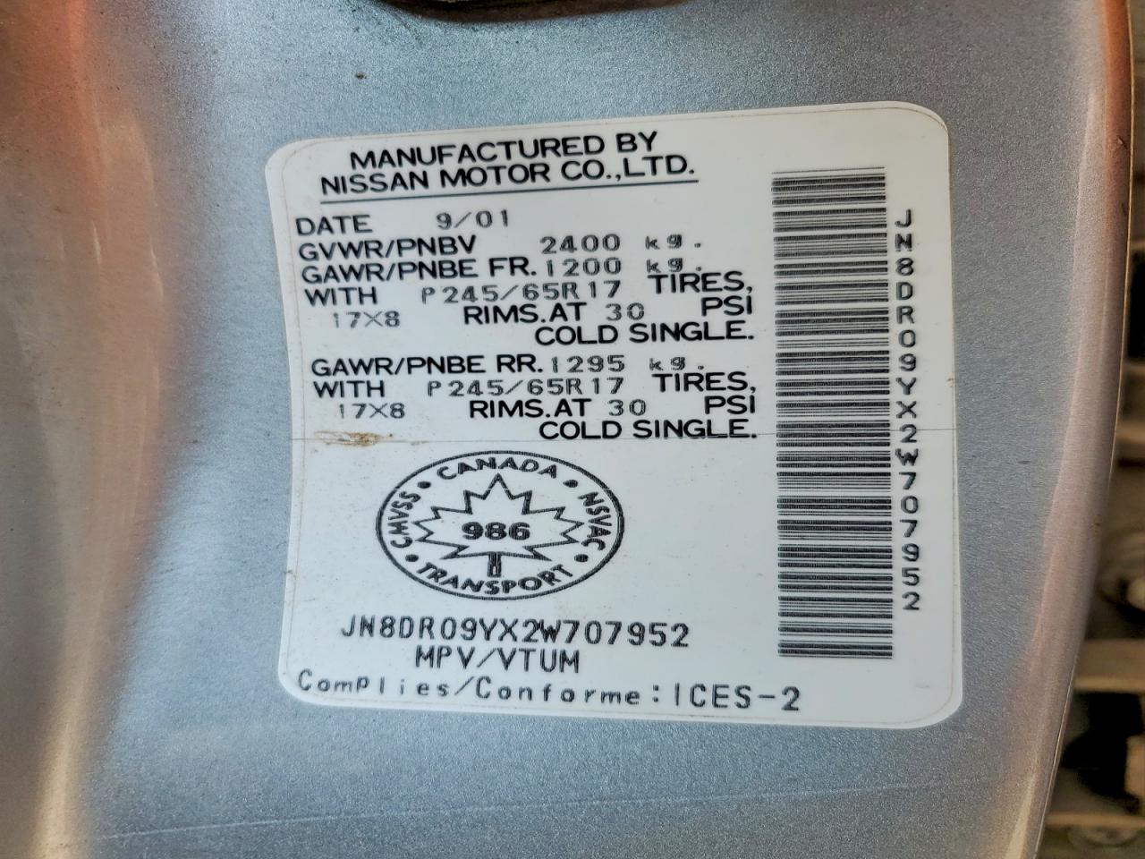 2002 Nissan Pathfinder Silver vin: JN8DR09YX2W707952