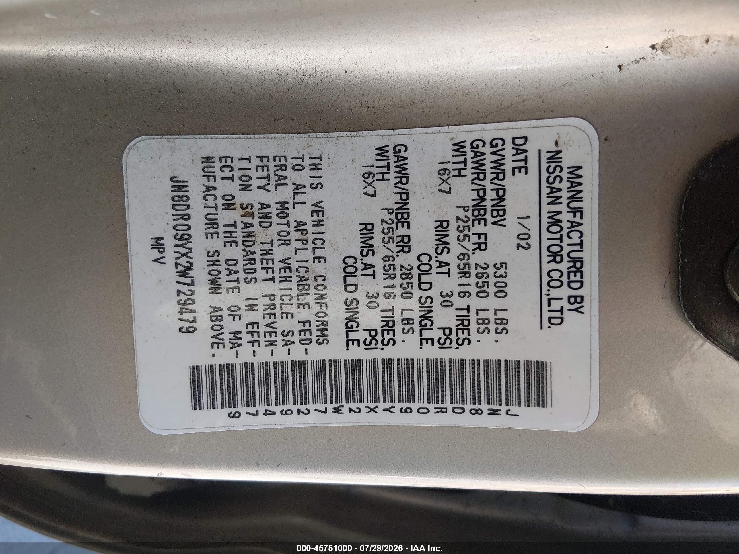 2002 Nissan Pathfinder Se Champagne vin: JN8DR09YX2W729479