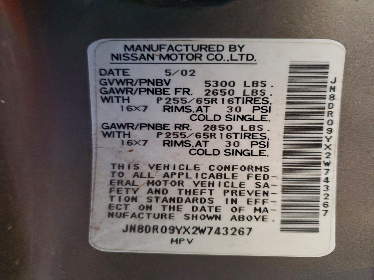 2002 Nissan Pathfinder Le/se Tan vin: JN8DR09YX2W743267