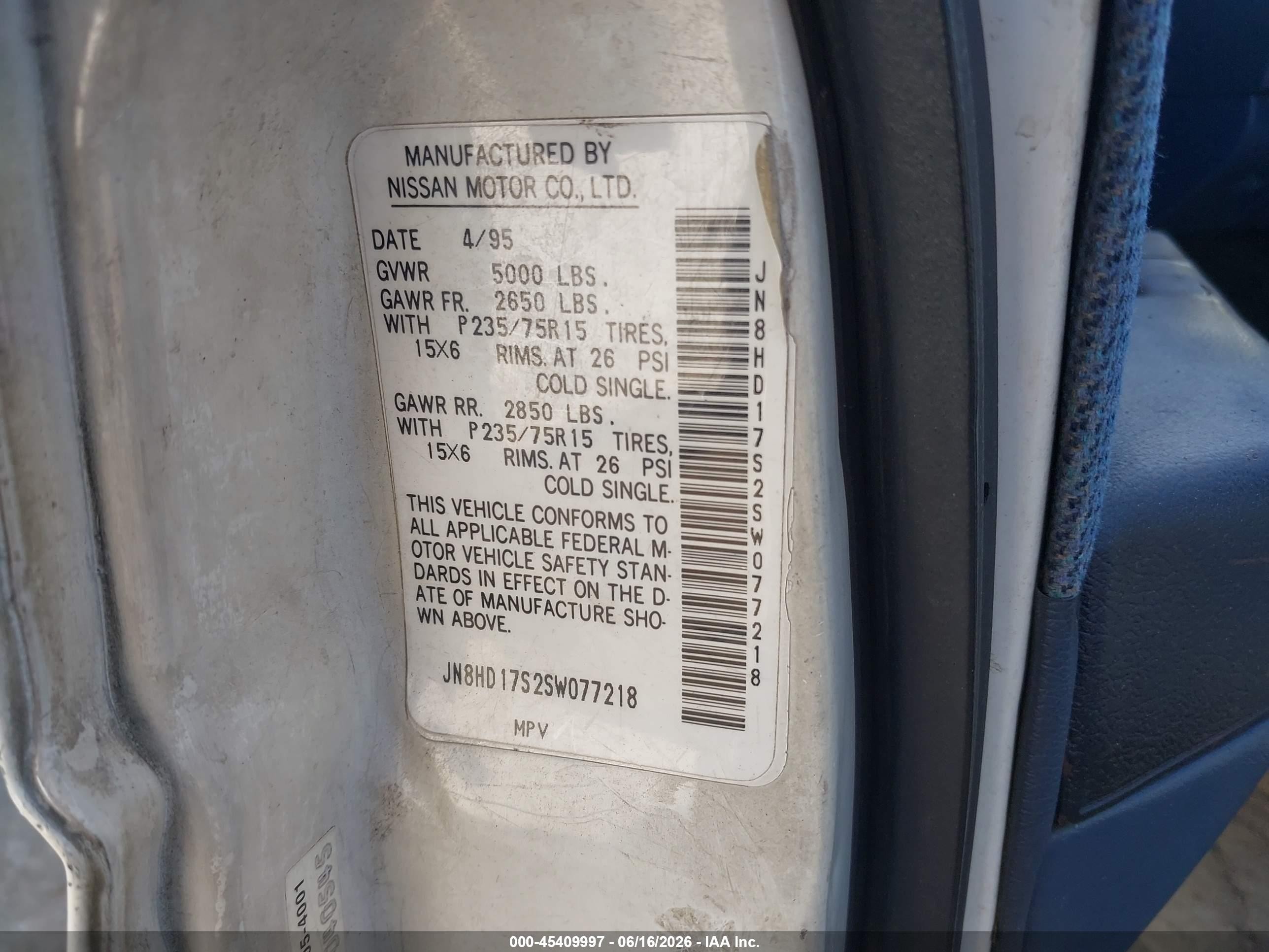 1995 Nissan Pathfinder Xe/le White vin: JN8HD17S2SW077218