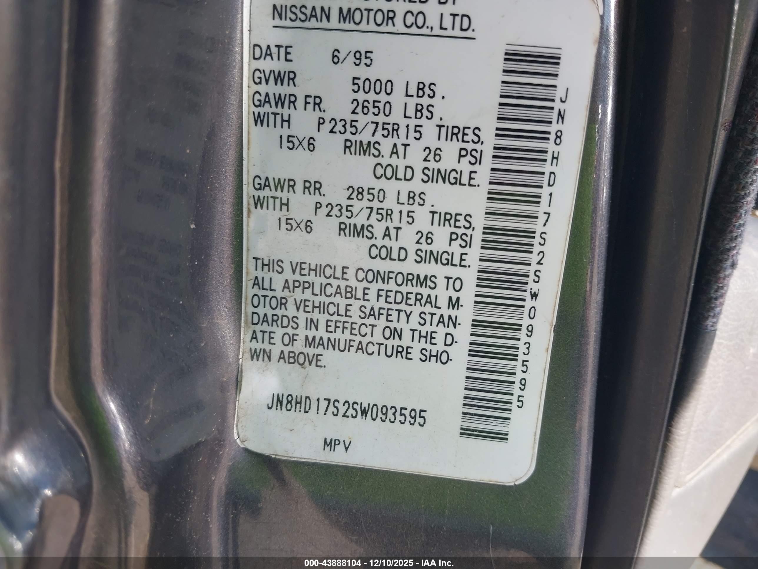 1995 Nissan Pathfinder Xe/le Gray vin: JN8HD17S2SW093595