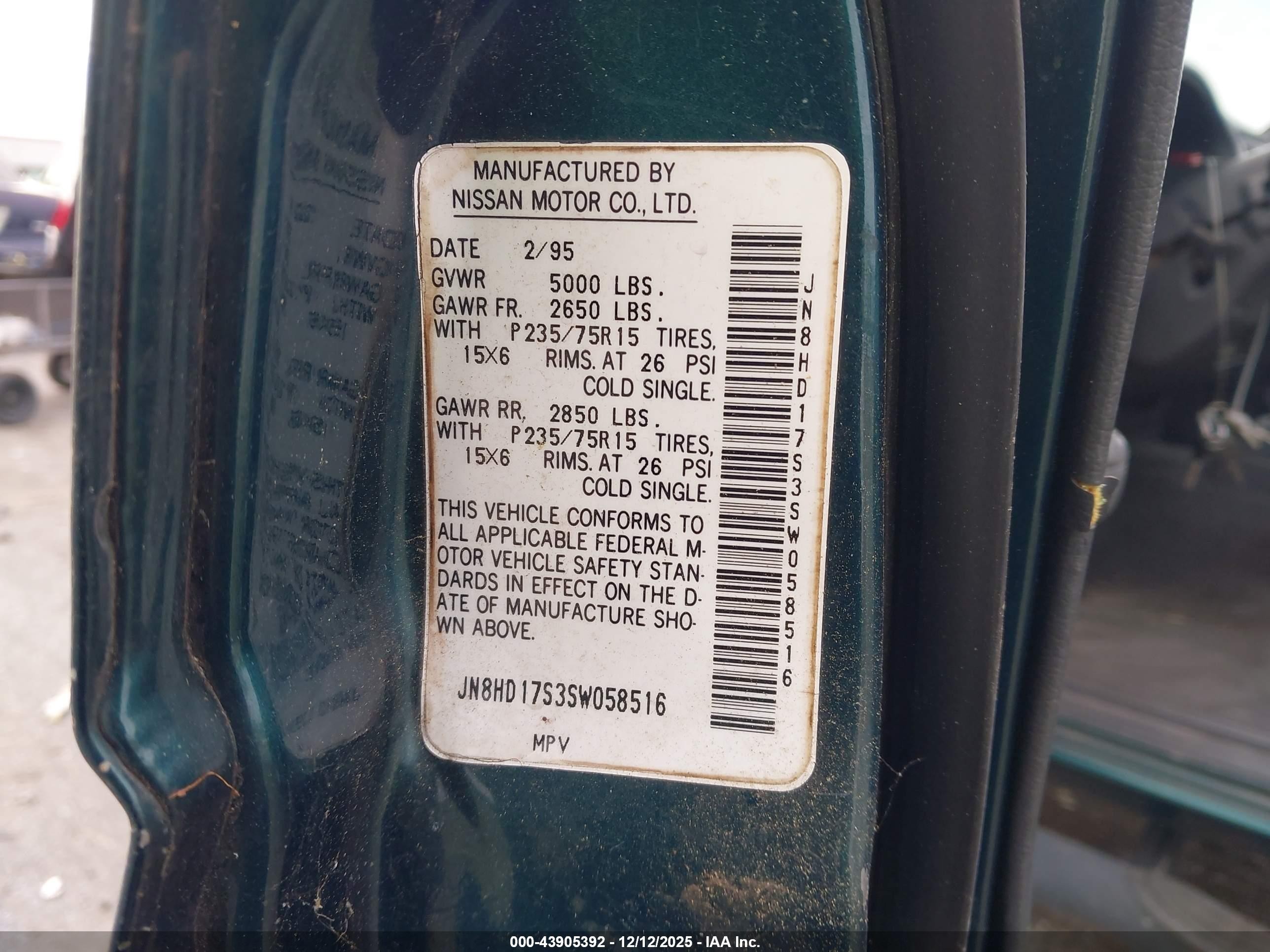 1995 Nissan Pathfinder Xe/le Green vin: JN8HD17S3SW058516