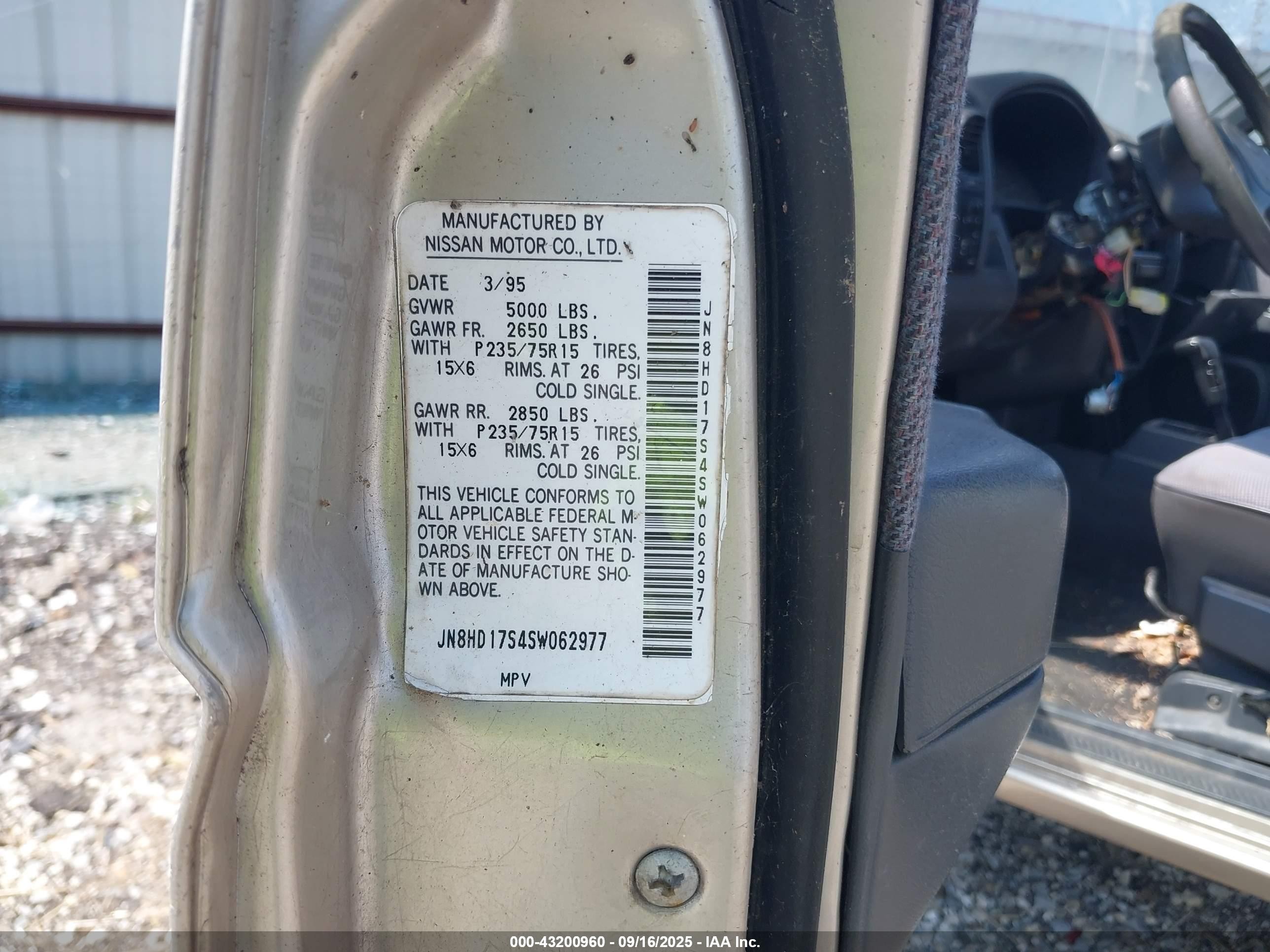 1995 Nissan Pathfinder Xe/le Gray vin: JN8HD17S4SW062977