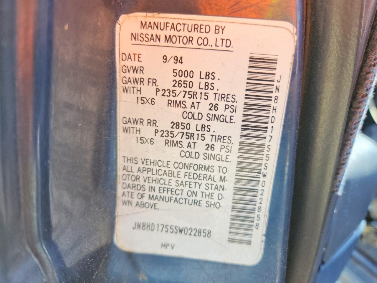 1995 Nissan Pathfinder Xe Blue vin: JN8HD17S5SW022858