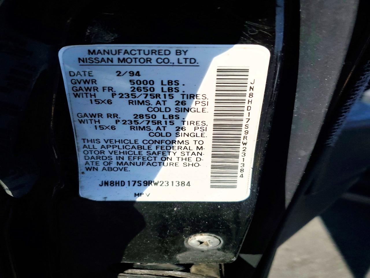 1994 Nissan Pathfinder Xe Black vin: JN8HD17S9RW231384