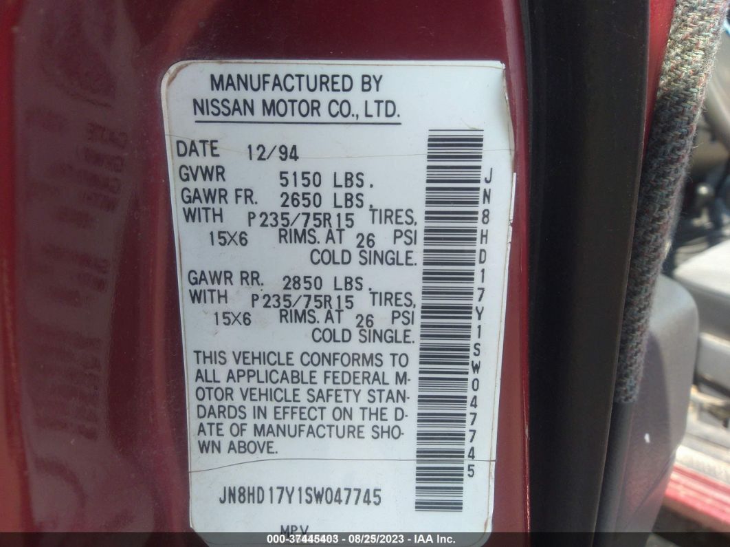 1995 Nissan Pathfinder Le/se/xe Maroon vin: JN8HD17Y1SW047745
