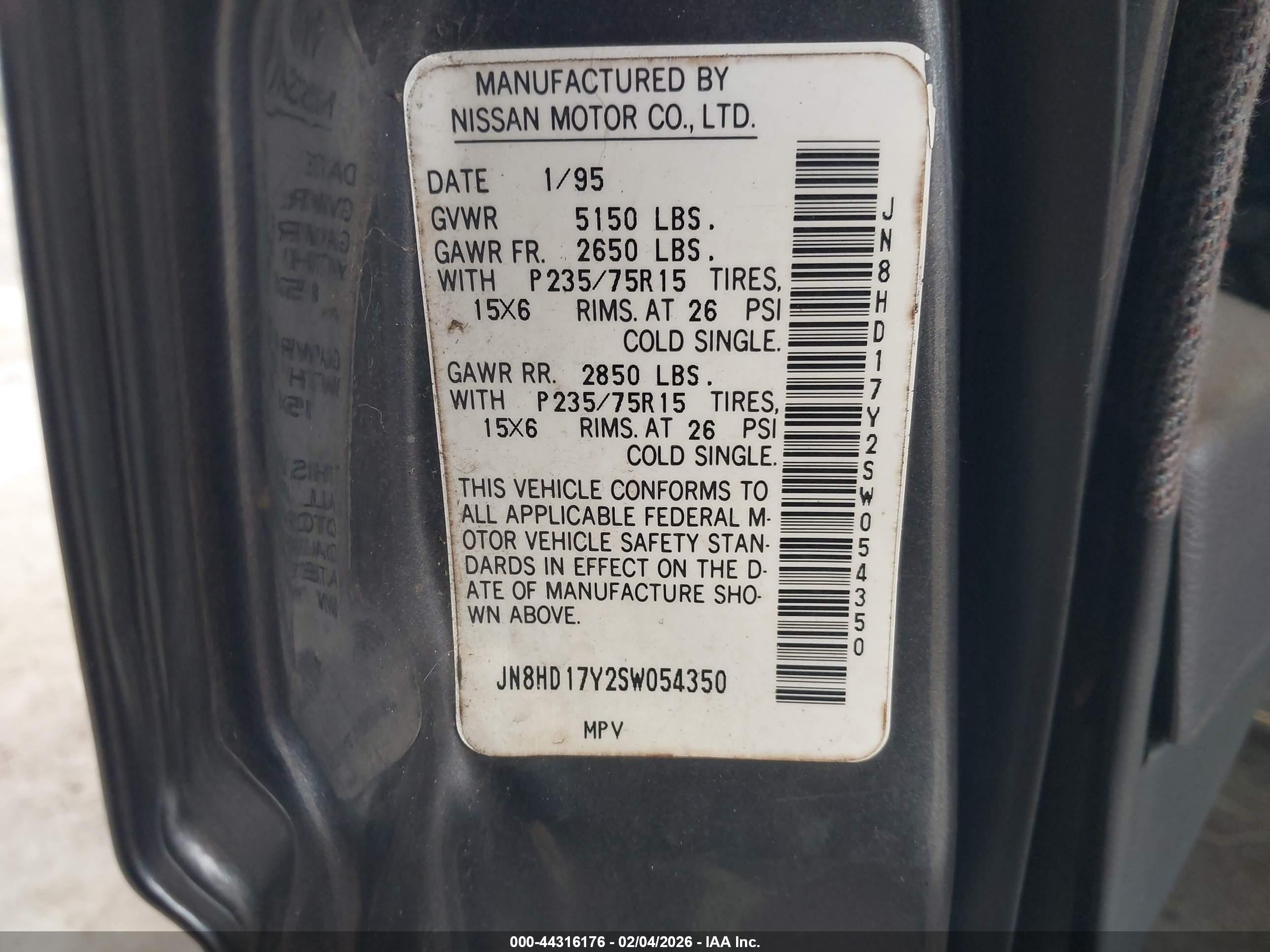 1995 Nissan Pathfinder Le/se/xe Gray vin: JN8HD17Y2SW054350
