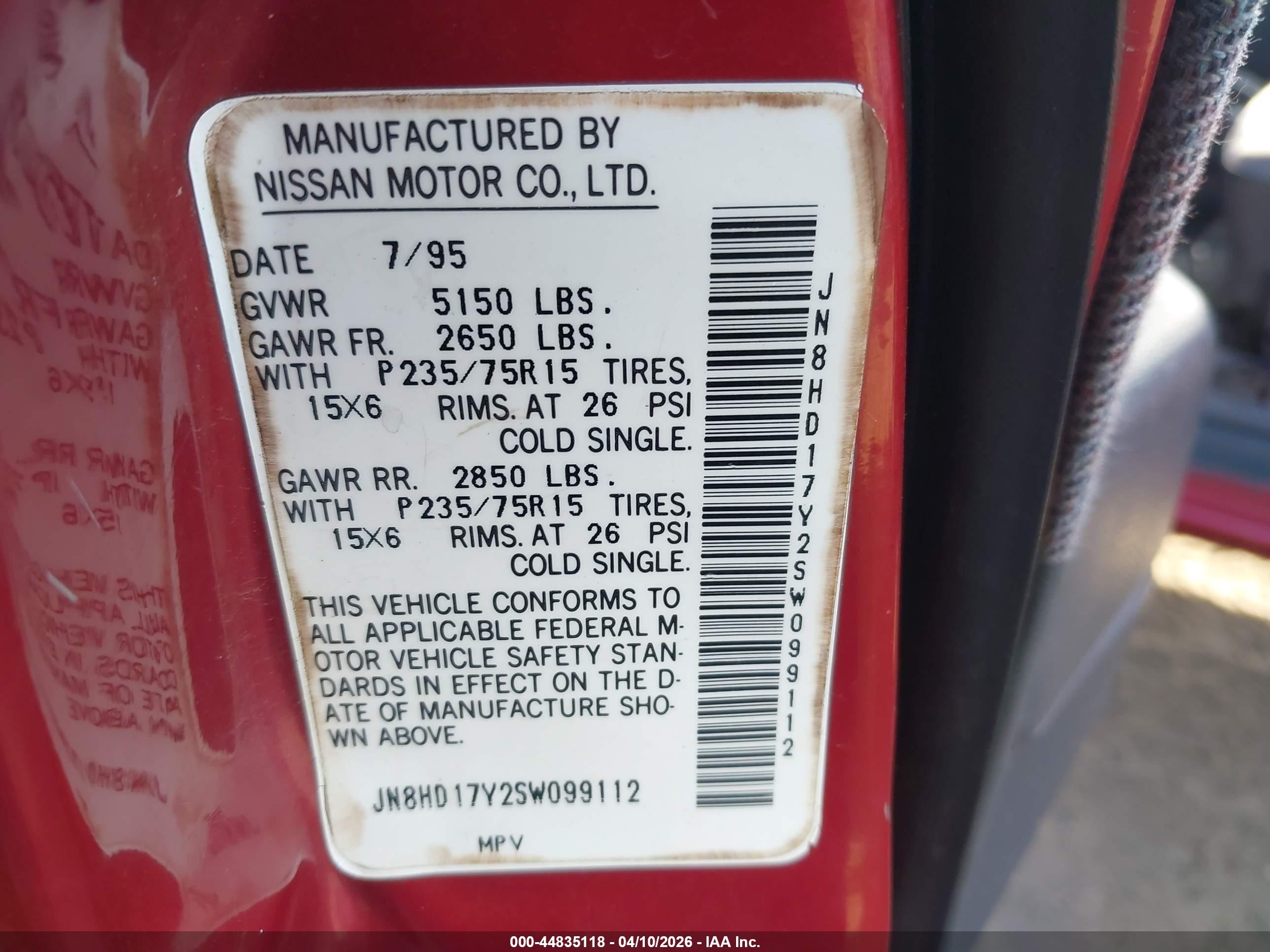 1995 Nissan Pathfinder Le/se/xe Red vin: JN8HD17Y2SW099112